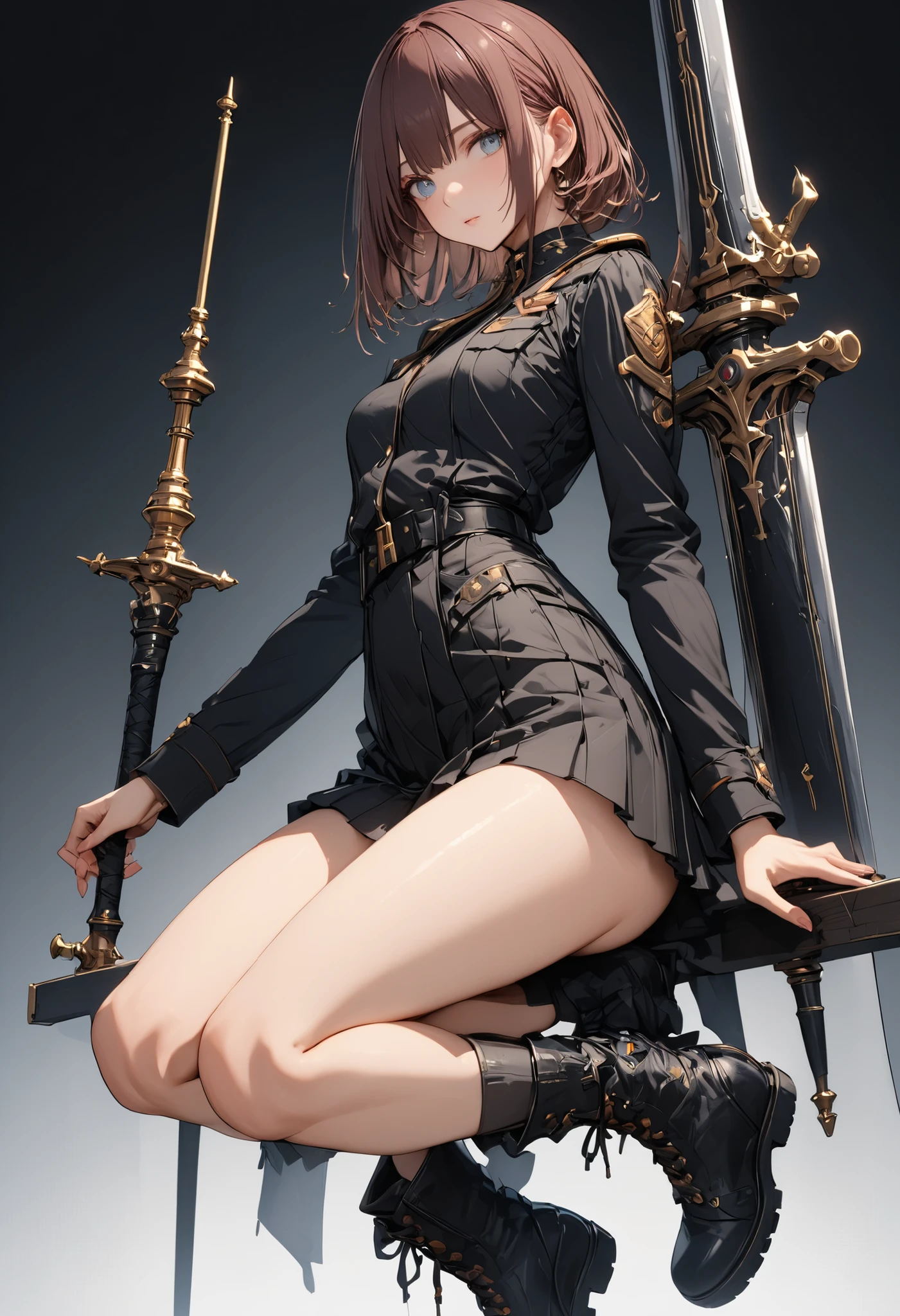 A girl kicks an ant about 2 meters in size、 giant sword、masterpiece,(masterpiece),fuill body ,best quality ,(Highest Quality), cinematiclighting ,(cinematic lighting)、beautiful detailed eyes ,eye detail connected to an electric wire,uitra-detailed,(Super Detailed),highresolution, (high definition),8k,8K resolution,official art,(official illustration style),brown hair,shortcuts,unkempt hair,Short braided hair,Neat,slender beauty,correct attitude,small breasted,beautiful legs,Her enchanting gray-blue eyes are shining like stars,Saggy Eyes,bright color,beautiful eyes,A delicate smile,Textured Skin,BEST QUALITY THE BEST,gentle and beautiful woman,anime style、