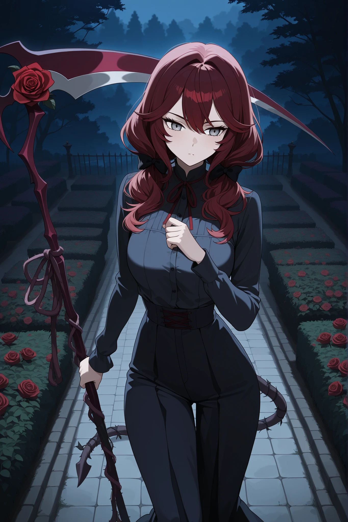 1girl,dark atmosphere,garden,dark red hair,gray eye,rose twine tail,Kaylen,holding a large purple scythe in his hand,,,,dynamic,,anime,safe content(masterpiece, 最High Quality, High Quality, )