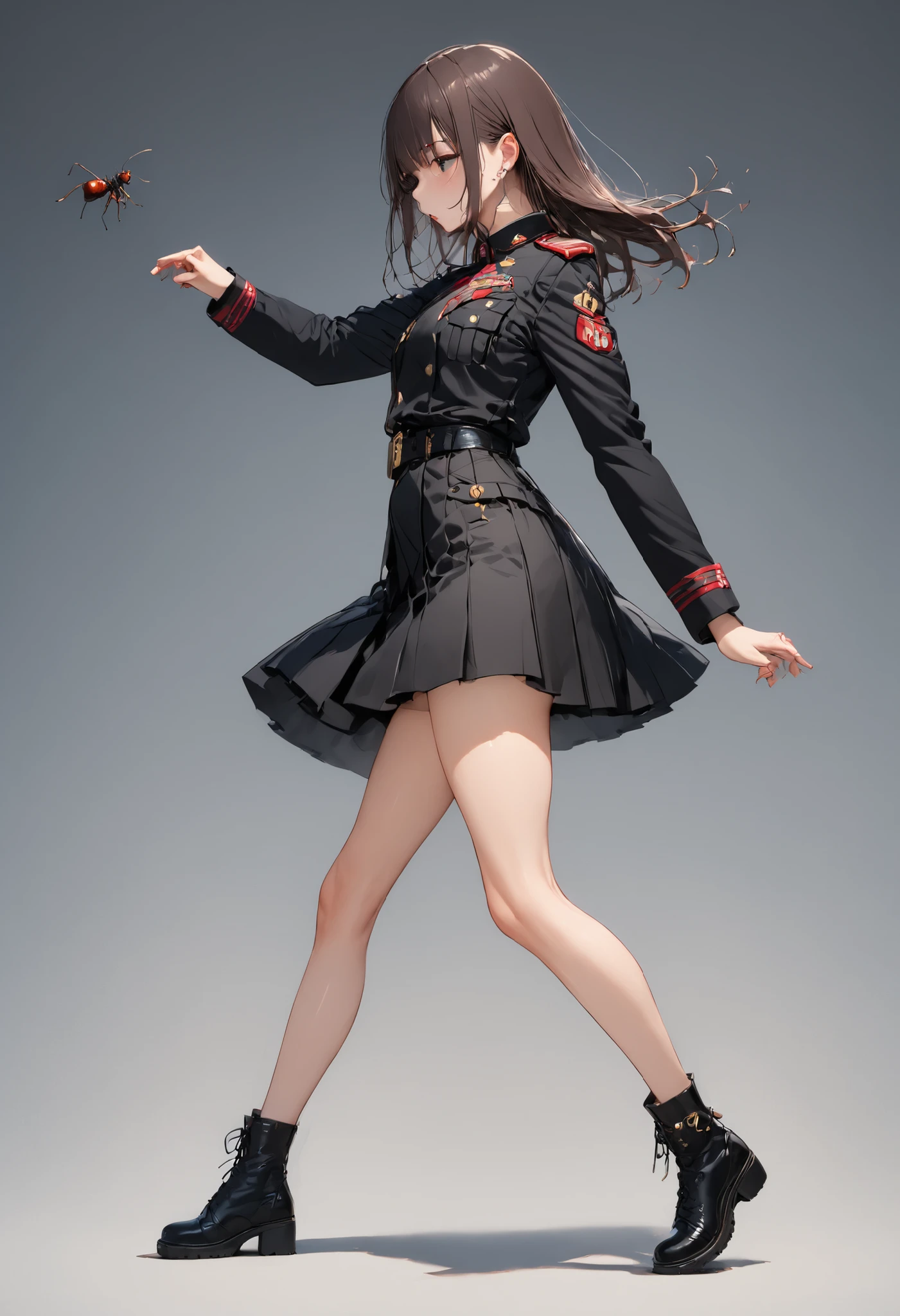 A girl kicks an ant about 2 meters in size