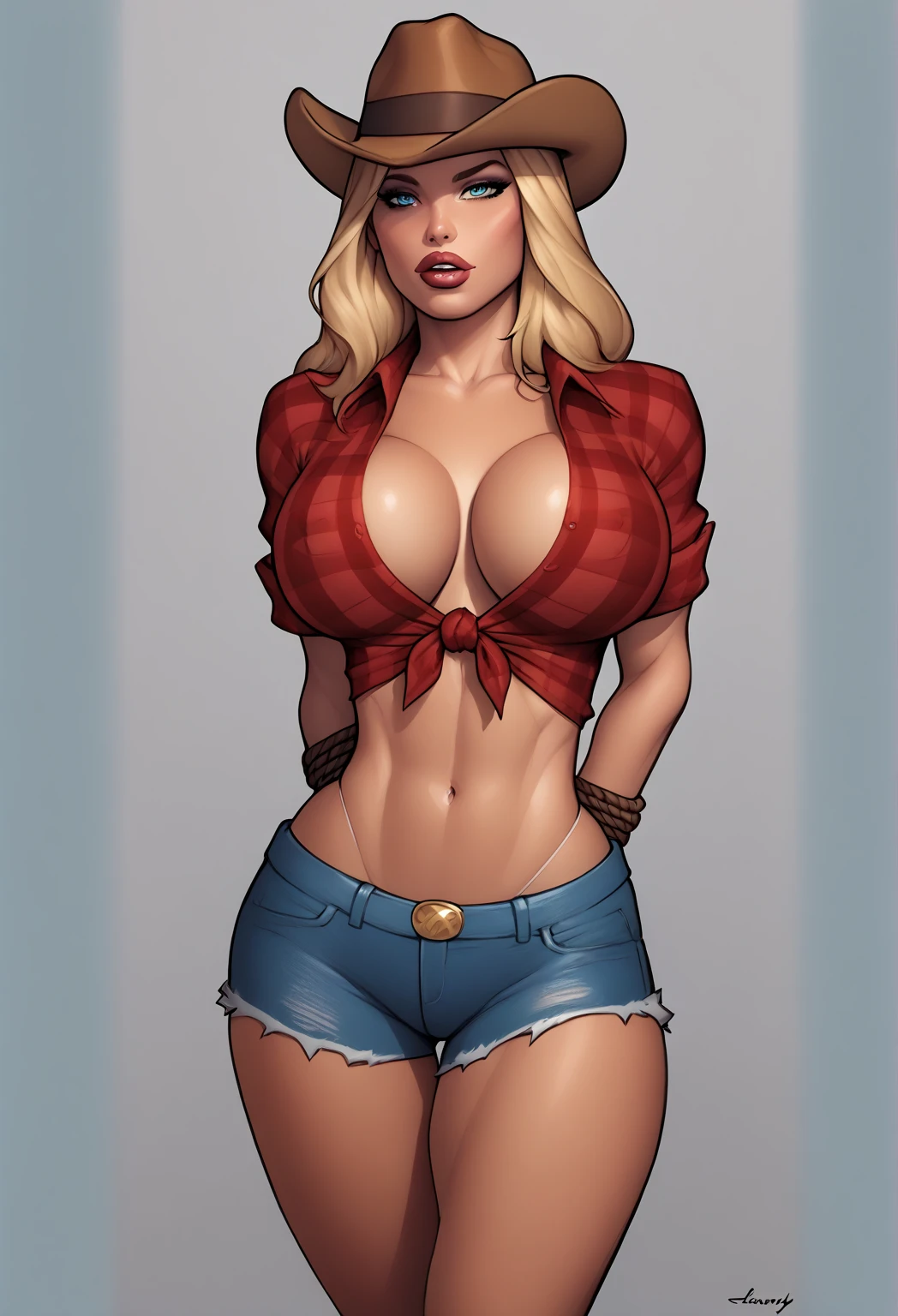 Beautiful girl, 20 years old, deep black hair, blue eyes, plaid denim low-cut red shirt tied at the waist, tight short denim, Cowboy hat.  The most beautiful woman in the world, busty. Comic style. Marvel comics style