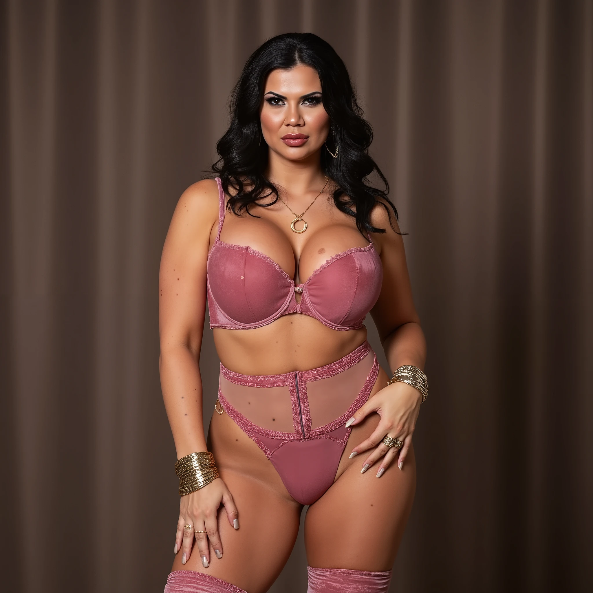 mature chubby woman stright standint. full body shadow on floor .Tall Thick body woman in dusty pink deep cleavage solid velvet bra . and wearing dusty pink high cut velvet thongs . Most Thighs visible . curves and pubes peek .Wearing Knee high dusty pink colour leather boots. wearing heavy gold necklace . Gold bracelets ,gold rings , huge round nose ring . Huge nose ring .Really thick stocky thighs. Wide hips . Huge chest . Heavy red lipstick. Heavy black eye shadow .Black mascara. Fake long nails , fake big eyelashes. Thick and very long hair like medusa. Intense angry look. Sharp detailed 8k image .detailed face woman . Full body visible. full body shadow on floor . Non nude image. non nude image. face uncovered. clear 8k image. non blurry image. HD image . Full body visible. full body .