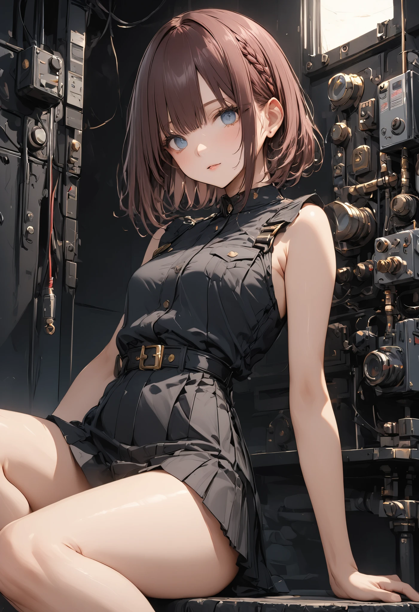 masterpiece,(masterpiece),fuill body ,best quality ,(Highest Quality), cinematiclighting ,(cinematic lighting)、beautiful detailed eyes ,eye detail connected to an electric wire,uitra-detailed,(Super Detailed),highresolution, (high definition),8k,8K resolution,official art,(official illustration style),brown hair,shortcuts,unkempt hair,Short braided hair,Neat,slender beauty,correct attitude,small breasted,beautiful legs,Her enchanting gray-blue eyes are shining like stars,Saggy Eyes,bright color,beautiful eyes,A delicate smile,Textured Skin,BEST QUALITY THE BEST,gentle and beautiful woman,anime style、meteor、空から降り注ぐmeteor、無数のmeteor群、