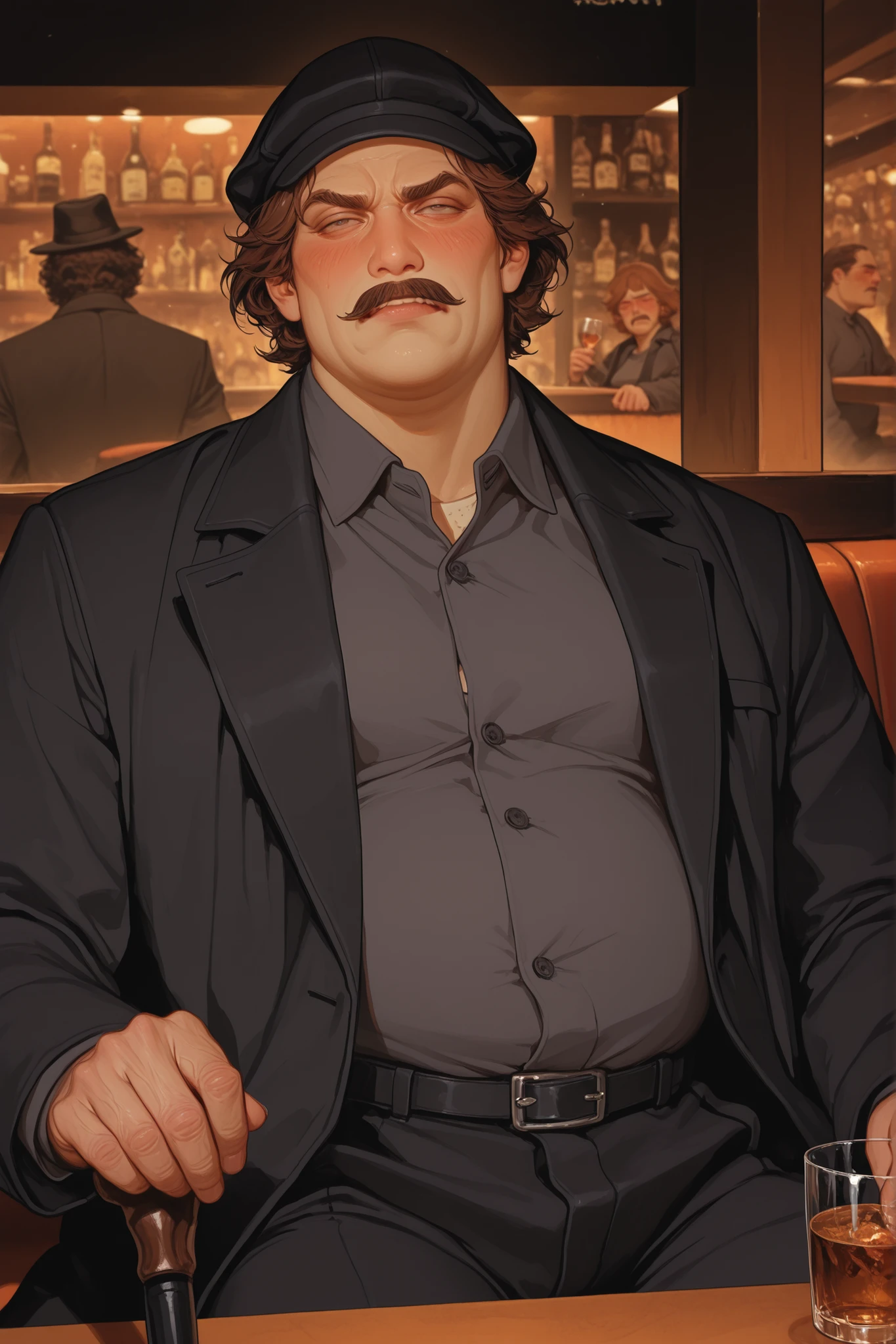 semi-realistic midjorney art style of a chubby fat older round man. He has a squared jaw and gruff facial features. He has a clean shaved face with a brown mustache. Short brown hair combed back. Wears a black newsboy caps with a black long high collard coat and dark grey button up shirt with black twead pants. Dynamic pose Sitting in a booth seat of a bar while a glass of brown liqour is on the table before him. Looks drunk with a scowl, holding a cane in his hand, mob boss, 