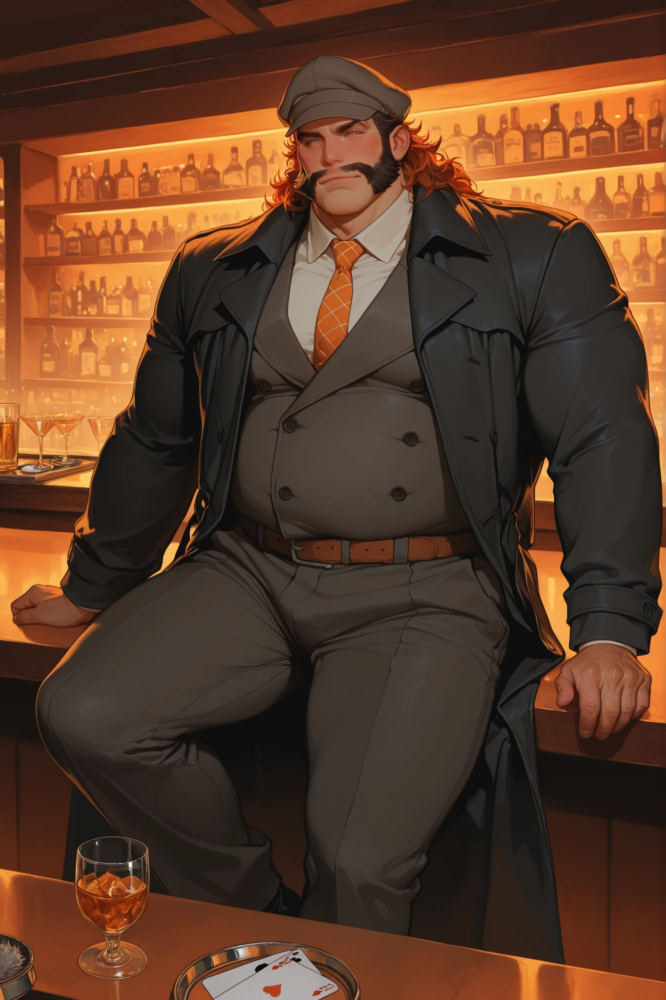 semi-realistic midjorney art style of a chubby fat older round man. He has a squared jaw and gruff facial features. Thick long and whispy mutton chops, long side burns. Wearing a newsboy cap and long black oilskin trench coat with black twead trousers. Dynamic pose Crossing one leg over the other while sitting in a bar booth with a glass of orange liqour sitting on the table, playing cards and ash tray on the table. Looks stern, masc, manly, male, chubby, fat