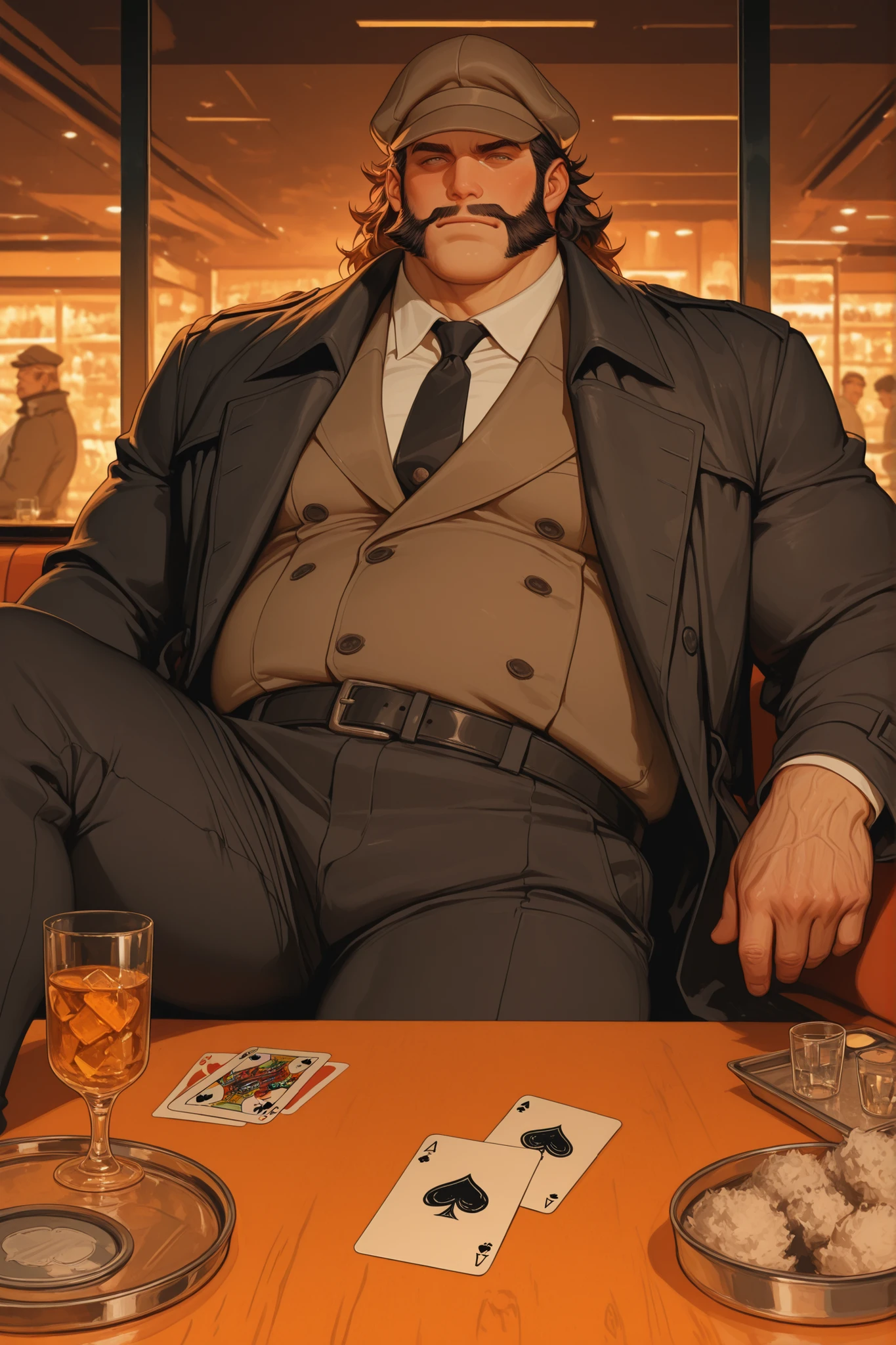 semi-realistic midjorney art style of a chubby fat older round man. He has a squared jaw and gruff facial features. Thick long and whispy mutton chops, long side burns. Wearing a newsboy cap and long black oilskin trench coat with black twead trousers. Dynamic pose Crossing one leg over the other while sitting in a booth with a glass of orange liqour on the table, playing cards and ash tray on the table. Looks stern, masc, manly, male, chubby, fat