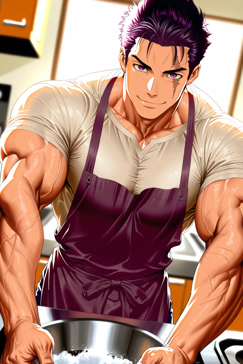 score_9, score_8, 1boy, solo, giant_this_guy, looking at you, , apron, veiny arms, long hair, man bun, brown hair, smirk, broad shoulders, large pectorals, kitchen, daylight, realistic<lora:EMS-445645-EMS:0.800000>, <lora:EMS-385743-EMS:0.800000>