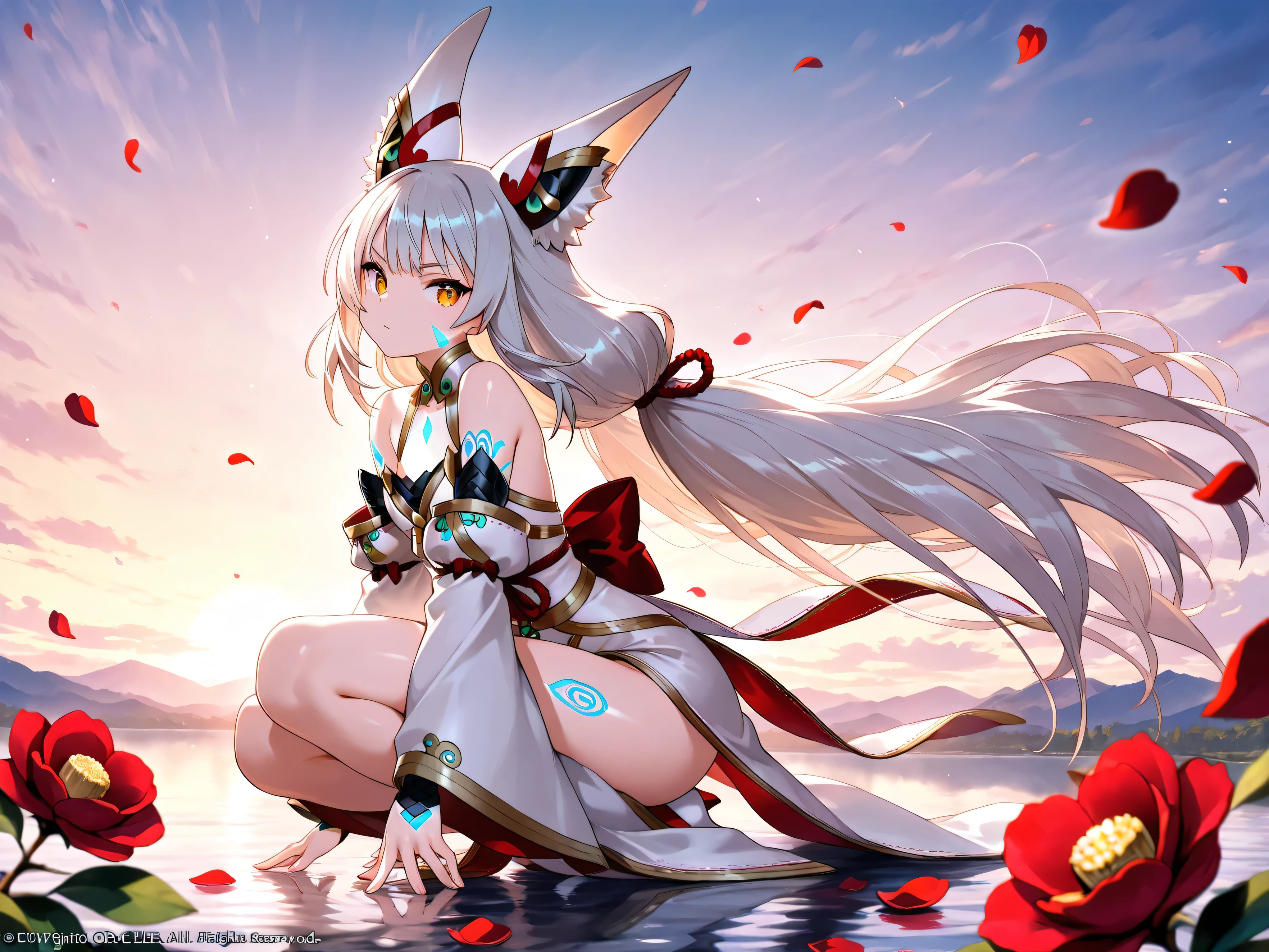 ,Blade Nia, masterpiece, porcelain skin ((Maximum quality and detail)), fighting a dragon over a lake full of camellia petals at dusk