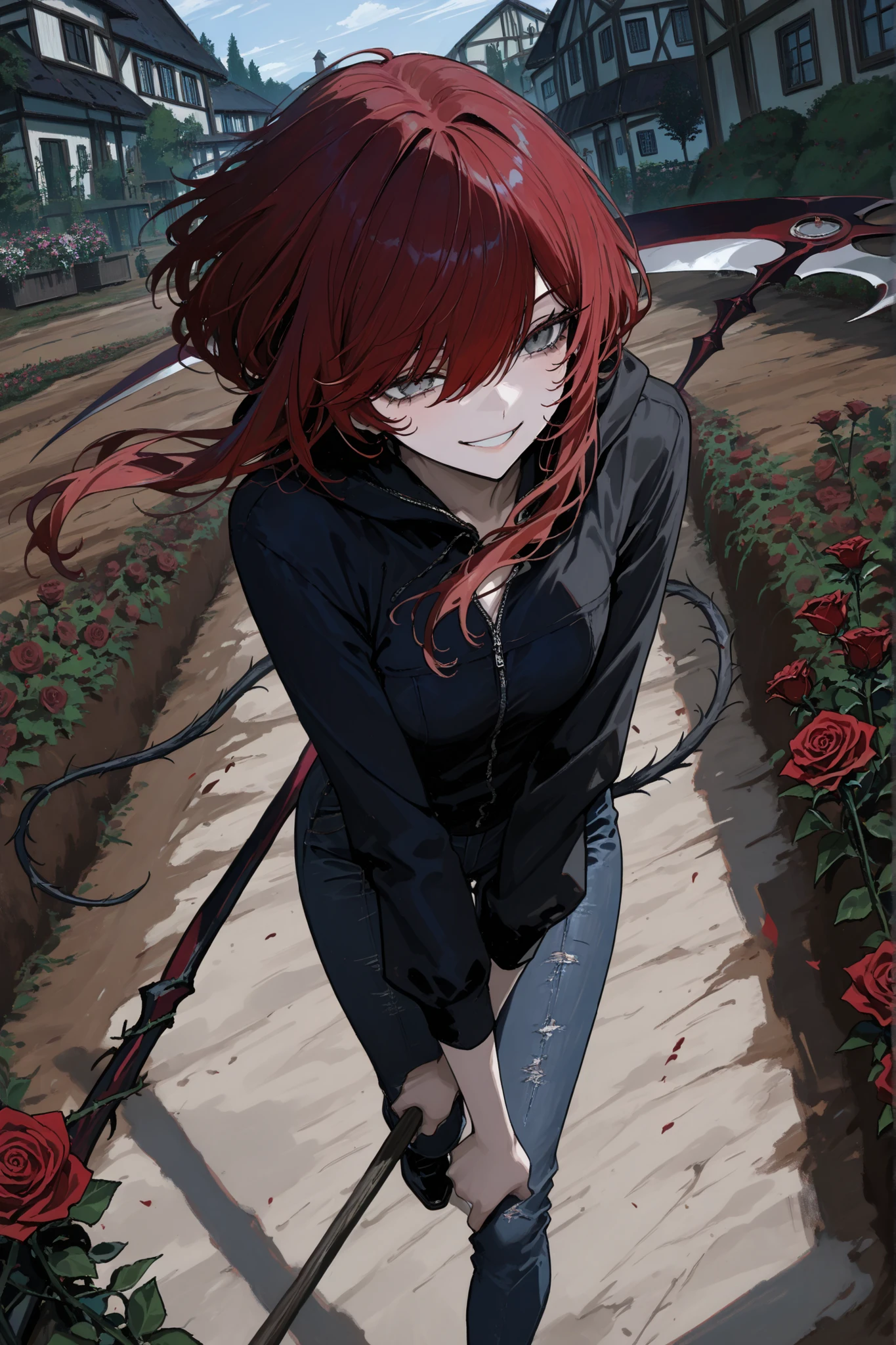 Kaylen,Gardener,dark red hair,gray eye,Rose Tail,Shinigami's Scythe Smile,,woman,1girl,,,,,action,dynamic,anime,masterpiece,Highest Quality,great quality,very beautiful,Newest,