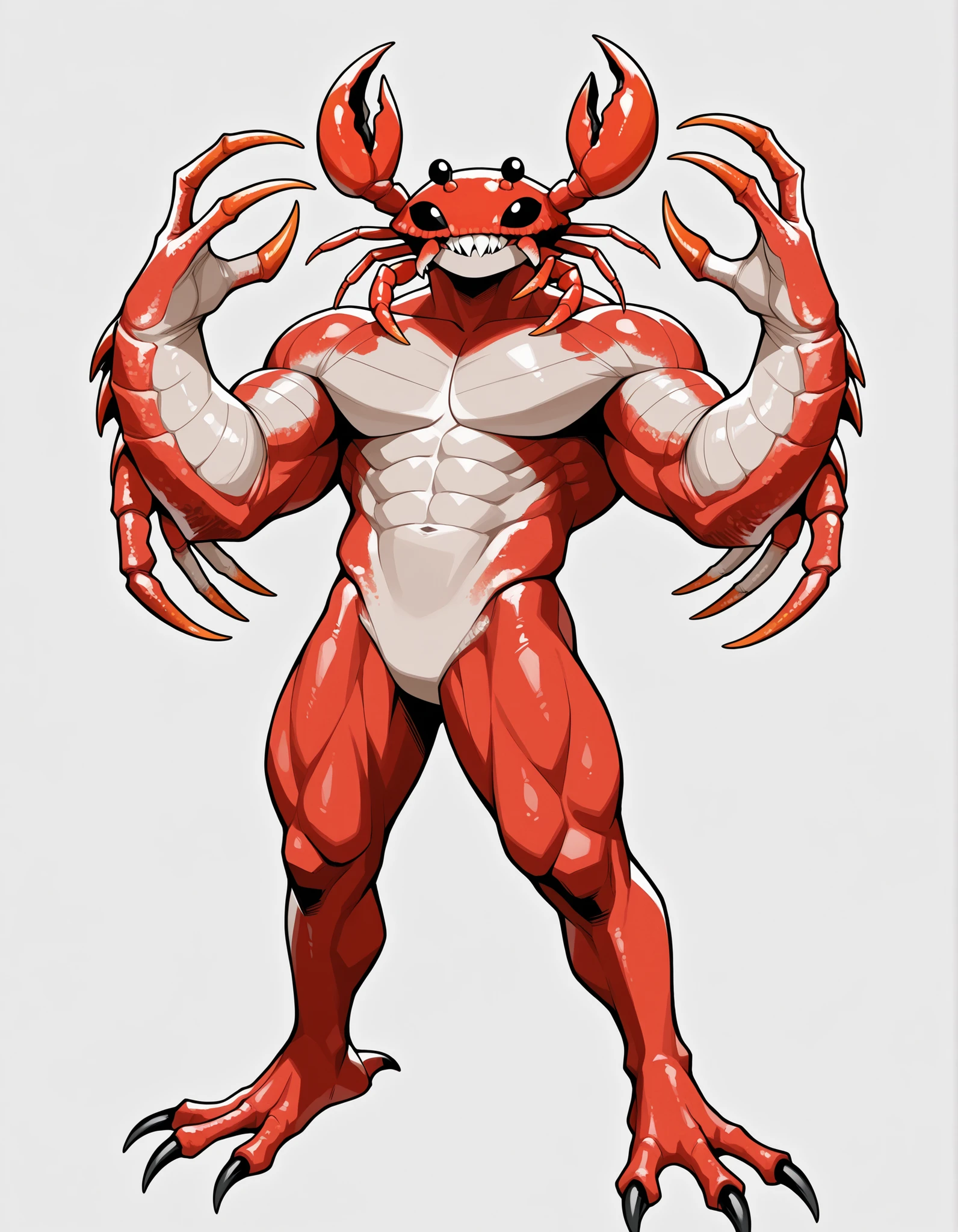 ((Highest quality)), ((Simple light gray background)), (My Hero Academia style), Standing, (1 eyes ), (eyes), mature male, mature man, Alone, toned body, athletic body, muscular body, thick body, Standing, full body, toned arms, toned legs, thick legs, thick arms, toned torso , thick torso, abs, wide jaw, Square Jaw, thick neck, toned collar , half-closed eyes, black eyes, ((Crab monster)), ((Crab shape)), ((Crab face)), ((crab head)), crab eyes, crab legs , crab legs, , crab body, Red body, ((De Red skin male)), (Red skin), (De Red skin), black sclera, black eyes, bright eyes, ((wide Crab claws)), ((Crab claws forearms)), ((Crab claws on forearms)), bare arms, Bare shoulders, bare legs, naked torso, calvo, Crab shell skin, inhuman monster creature, Crab shell-skinned male, ((Crab clamps on hands)), ((Crab monster shape)), Crab fangs, Crab shell-skinned male, sharp teeth, open jaws, Crab claws, Crab claws on hands, claws on the feet , black claws, Crab shell, Head shell skin, ((Crab monster creature)), ((Crab monster shape creature)), ((red crab creature)),