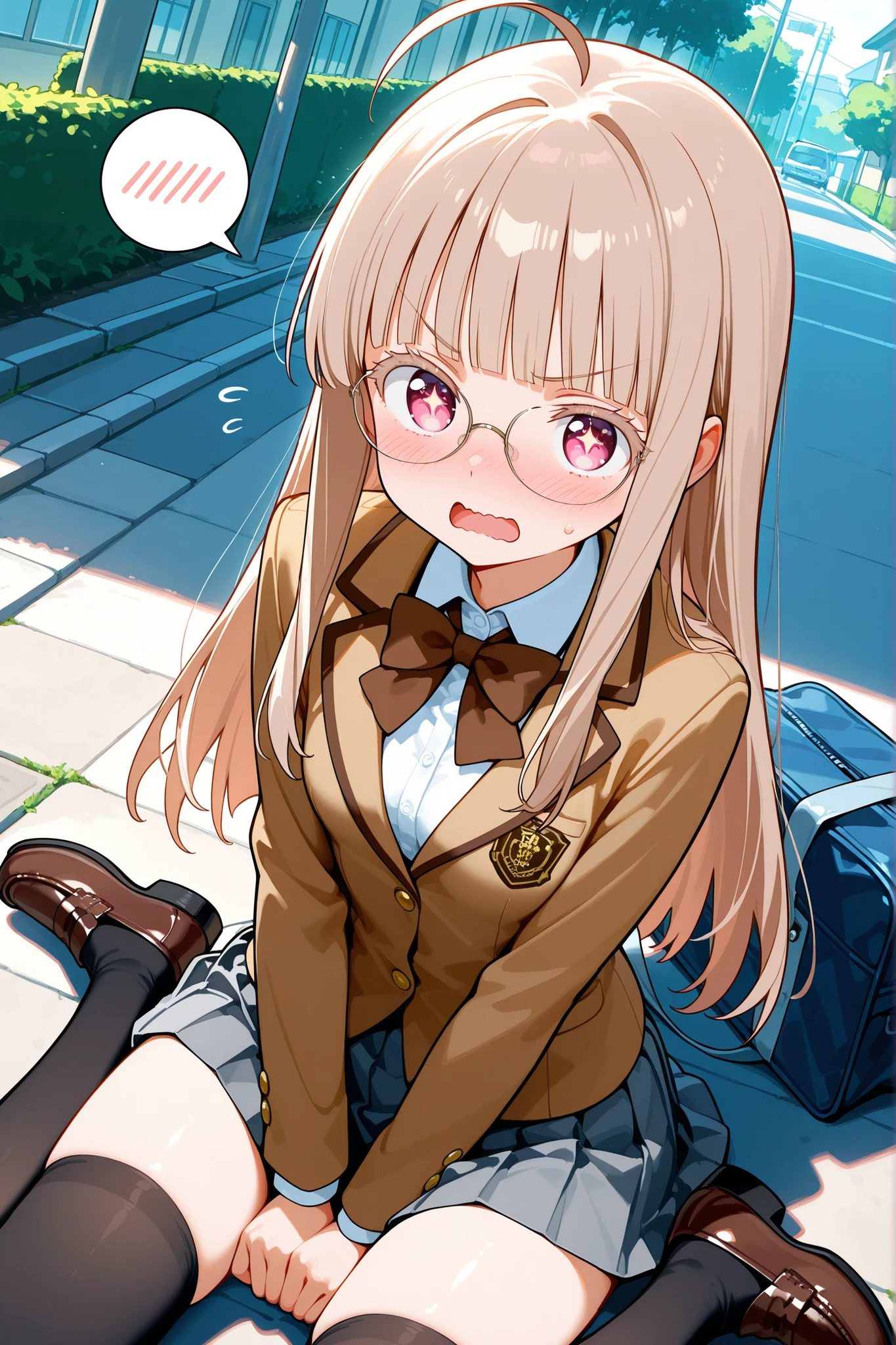 NSFW, 1girl, solo, character focus, close to viewer, front view, upper body, cowboy shot, looking ahead, dutch angle, close-up, [spoken blush], flying sweatdrops, outdoor, residential area, sidewalk, school route, wariza, hand between legs, covering crotch, school uniform, brown blazer, white dress shirt, grey pleated skirt, black thighhighs, brown ribbon bow tie, brown loafers, no panties, [school bag], glaring, v-shaped eyebrows, open mouth, wavy mouth, glasses, light brown hair, light pink eyes, eyelashes, colored eyelashes, light brown eyelashes, tareme, star in eye, long hair, blunt bangs, small breasts, sidelocks, \:3, ahoge, short female, petite female, soft lighting, high detail, anime style, {animated painting}, {{{{{five hand fingers}}}}}, {{{{{4fingers and 1thumbs}}}}}, {{{high resolution}}}, {{{best quality}}}, {{ultra-detailed}}, {illustration}, {{an extremely delicate and beautiful}},