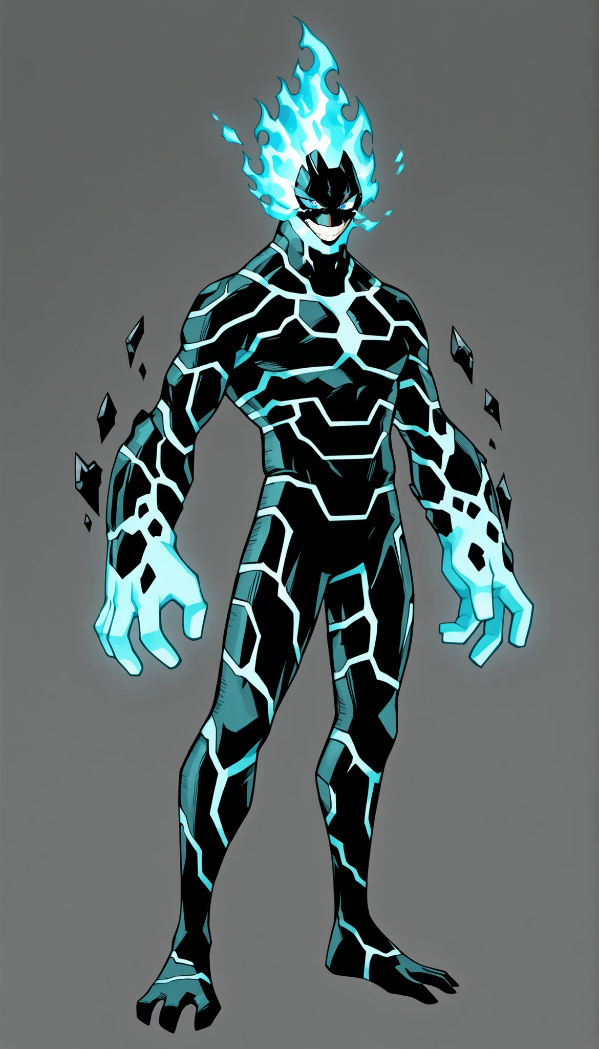 ((Highest Quality)), ((Simple Light Grey Background)), (My Hero Academia style), standing, (1male), (Male), mature male, mature man, solo, toned body, athletic body, slender body, thick body, standing, Full body, inhuman creature, inhuman Pyranite monster, inhuman Pyranite monster creature, inhuman monster creature, inhuman Pyranite form, inhuman Pyranite monster, inhuman monster form, inhuman form, Pyranite form, Pyranite monster, Pyranite creature, monster form, monster creature, lava body, lava skin, lava skinned, lava skinned male, black shattered rock skin, black shatter rock skinned, black shattered rock skinned male, blue fire head, blue eyes, glowing eyes, glowing blue fire, (blue Pyranite), blue flames, blue fire, evil grin, evil look, evil face, Evil expression,