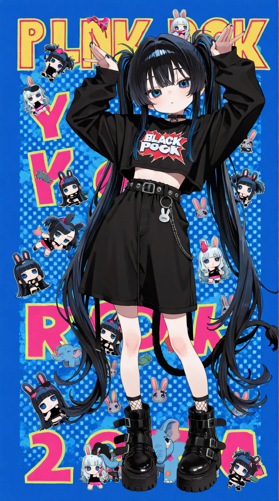 solo, young girl with long dark hair,twin tail、Black Rock Shoe、Black Rock Shoeター が値札を持っている、blue black hair、long hair、blue eyes、medium bust、Very delicate hair seen from cute punk   , elephant pose  , Rabbit pop art background, 