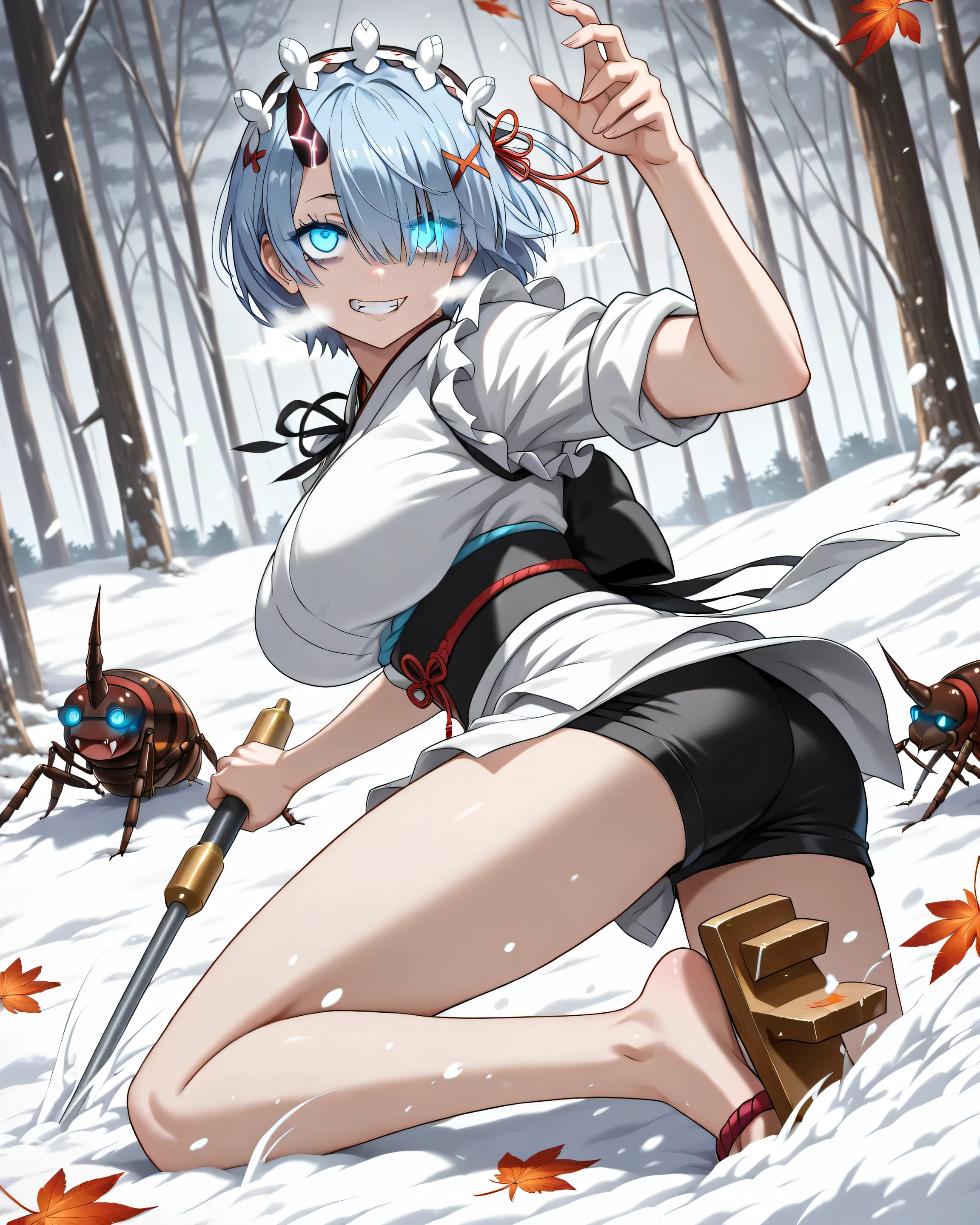 ((言語: 日本語、英語)、(Masterpiece), (Highest Quality), (High Score), (High Resolution),(4k),Uncensored,),
(masterpiece, best quality, very aesthetic),
(ファンタジー、中世の日本、(冬)、(夕方)、(屋外)、1girl,,solo,),

(,(Battle Scene),(Forest, giant trees, grass),(wind, swirling leaves),,(snow),(Girl fights the ant monster),,,(iron rod, iron rod with spikes), (her hand grabs the rod),,,(ultra gigantic ant,ant monster),(2-meter ant), (An ant monster lying on the ground),,BREAK,(Anatomically accurate structure:1.4),),

((eye_focus,(glowing eyes:1.3),,BREAK,(game cg), (Hair flowing in the wind), (hairdetailer:1.5),(ultra-detailed face:1.4),(deep detailed eyes:1.4),[(Sidelight:1.4)],))

((mature woman,aarem, short hair, blue hair, maid headdress, x hair ornament, hair ribbon, hair over one eye, blue eyes, breasts,neck ribbon, (Short kimono, white kimono, black shorts, maple leaf pattern, geta),(Demon's horn, a single horn),(Sleeves rolled up)),( (barefoot),),((grin),narrow eyes,(fang),(breath),（eyeshadow:1.2　）,)(standing :1),(arm up:1),(twisted torso:1.2),(she looking at the monster),[looking back:1.2],[breasts forcus:],[cowboy shot:1],[from side:0.7],(Battle Pose),),


(High Score), (Top-tier Image Generation),

