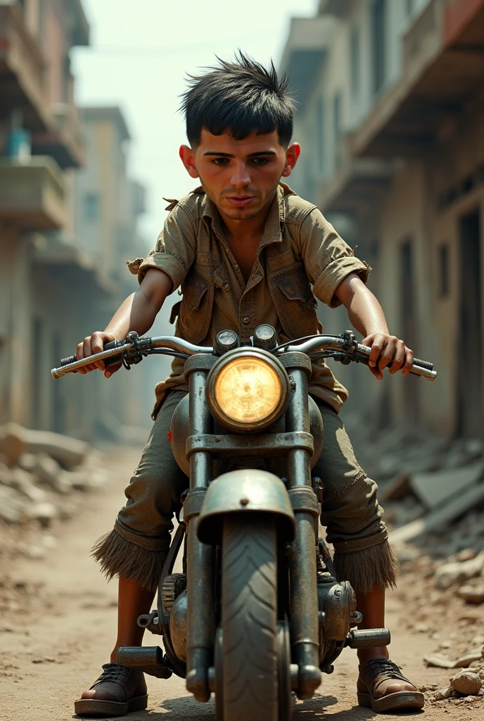 Realistic village boy sitting on honda 125 
