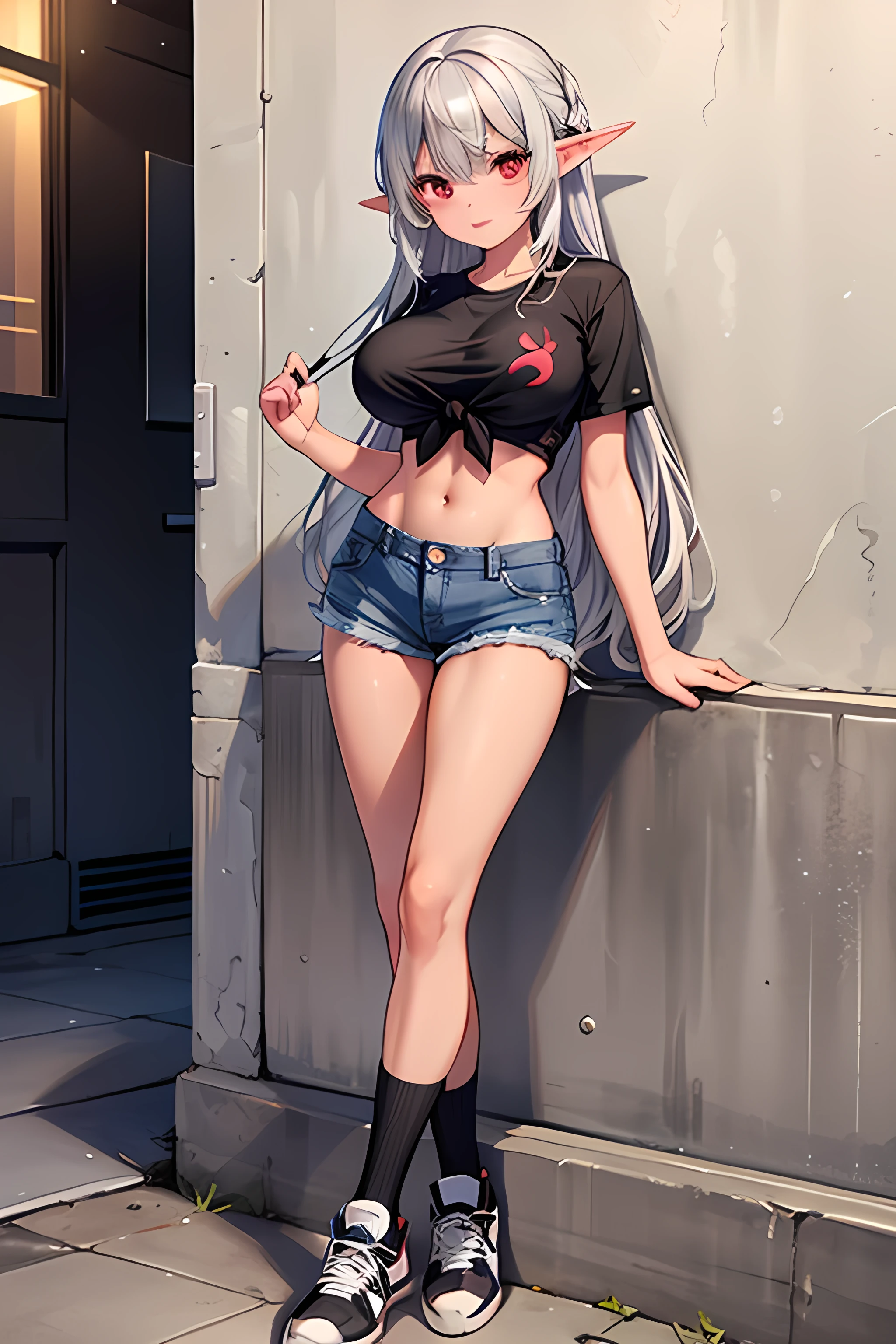 , (8k, RAW Photos:1.2), 1 Girl, Gray Hair, Best Quality, Ultra High Resolution, Cinematic Lighting, Motion Blur, (Realistic:1.4), POV ,(Solo:1.1), (Looking at the Audience: 1.331), (Parted Lips: 1.1), (Eyelashes: 1.1), (Happy: 1.21), (Depth of Field: 1.1), Lens Flare, (Chromatic Aberration: 1.1), (Caustics: 1.1), (Scattered Glow Petals: 1.331), ulzzang-6500-v1.1:1.2, large sweater, (short denim), in water, off-the-shoulder, crop top , short jeans, tie hair into a ponytail, touch head, silver hair, bubble ass, expose, thigh socks, lace, ((straps)), ((: 1.2)), necklace, earrings, show ass, empty shoulders, backpack, (random color)