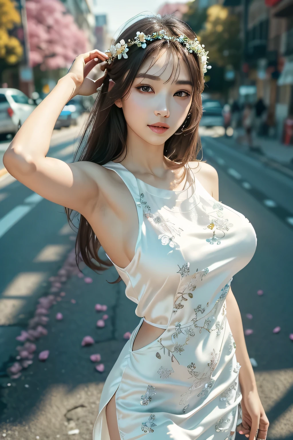 Random posture, (An extremely delicate and beautiful work), (masterpiece), 1girl, a girl, highly detailed, waist leaking, ponytail contorted, charming expression, beautiful and clear eyes, green eye pupil, delicate necklace, delicate earrings, fairy ears, simple blurred background, extreme detail description, beautiful, charming, ultra-fine painting, delicate face, delicate figure, Fine collarbones, lovely lips, beautiful , soft behind, mix4,(8k, RAW photo, best quality, masterpiece:1.2), (realistic, photo-realistic:1.37),1girl,cute,cityscape, night, rain, wet, professional lighting, photon mapping, radiosity, physically-based rendering,(beautiful small hard :1.3),(seen  head on the dress:1.4),legs spread,  shot, lift skirt, (wearing deep_v-neck_dress:1.3)