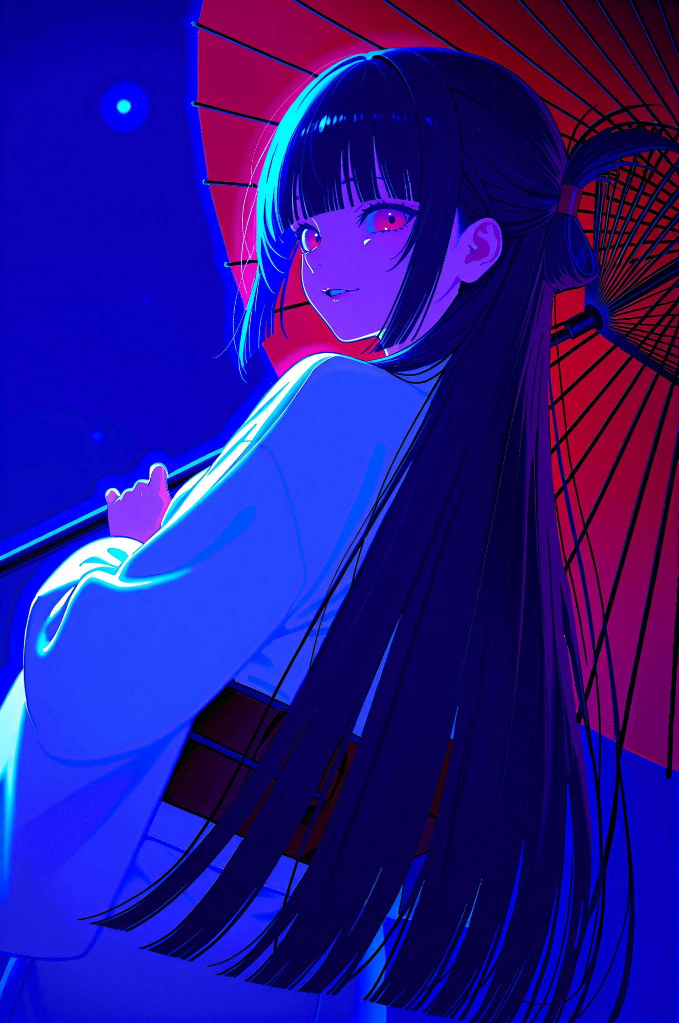 1girl,solo,beautiful face, perfect eyes, detailed eyes,
,dutch angle,cowboy shot, ,
black hair,long hair,straight hair,blunt bangs,folded ponytail,
red eyes, looking back,
sinister smile,
white blue kimono,holding red umbrella,
night, dark,
,indicate details, ,clean background,vignetting,shadow,
volumetric lighting, indicate details,
lazypos,
by konya karasue,
traditional media, aosiai123_illu
0__11Xx_illu,
0010011_illu,
D4rkL1nes