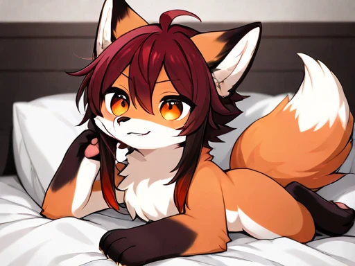 lolita, young, hairy, brown fur, ultra cute face, orange eyes, medium hair, small breasts, dark brown elements in the fur, , , , perky breasts, beautiful lights and shadows, ambient light, ultra detailed hair, volumetric light, cute tail, laying down, legs spread,  , , blushing, on couch, fox