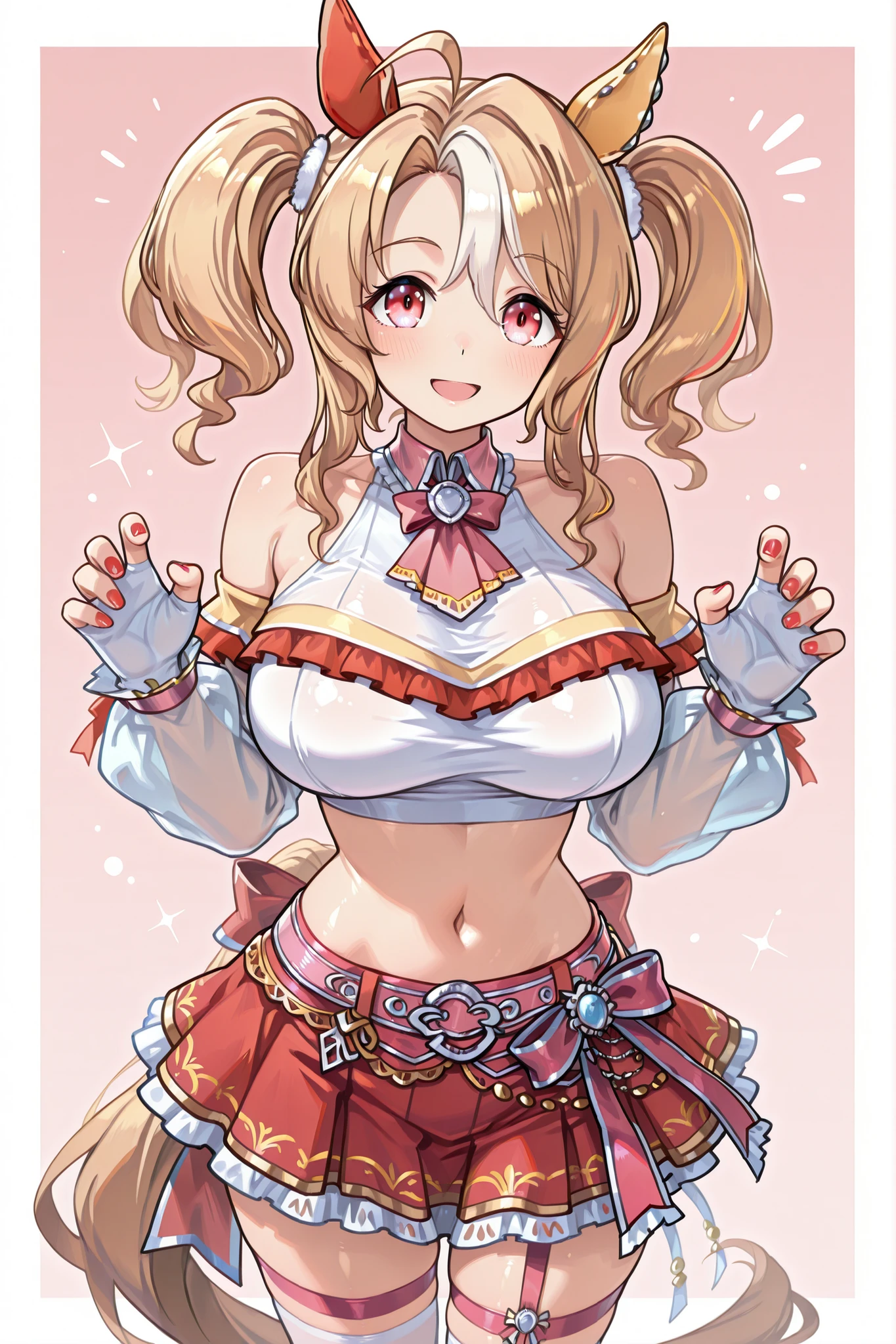 fusaichi pandora \(umamusume\),horse tail,horse ears,horse girl,blonde hair,white hair,twintails,long hair,streaked hair,multicolored hair,ahoge,red eyes,ear covers,bare shoulders,white crop top,breasts,crop top,gloves,midriff,navel,red nails,shirt,skirt,red skirt,skirt ribbon,leg garter,thigh strap,thighhighs,