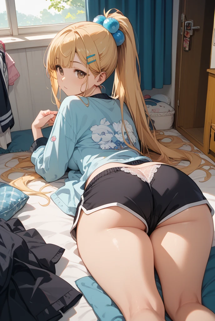 1 girls, in line, harem,random hair. (serafuku).Mini skirt. lying. on stomach,from behind. cowboy shot. ass focus. spread legs. blush, panties,all fours, (sweaty:1.1), steaming body, steam,pussy juice,on bed,