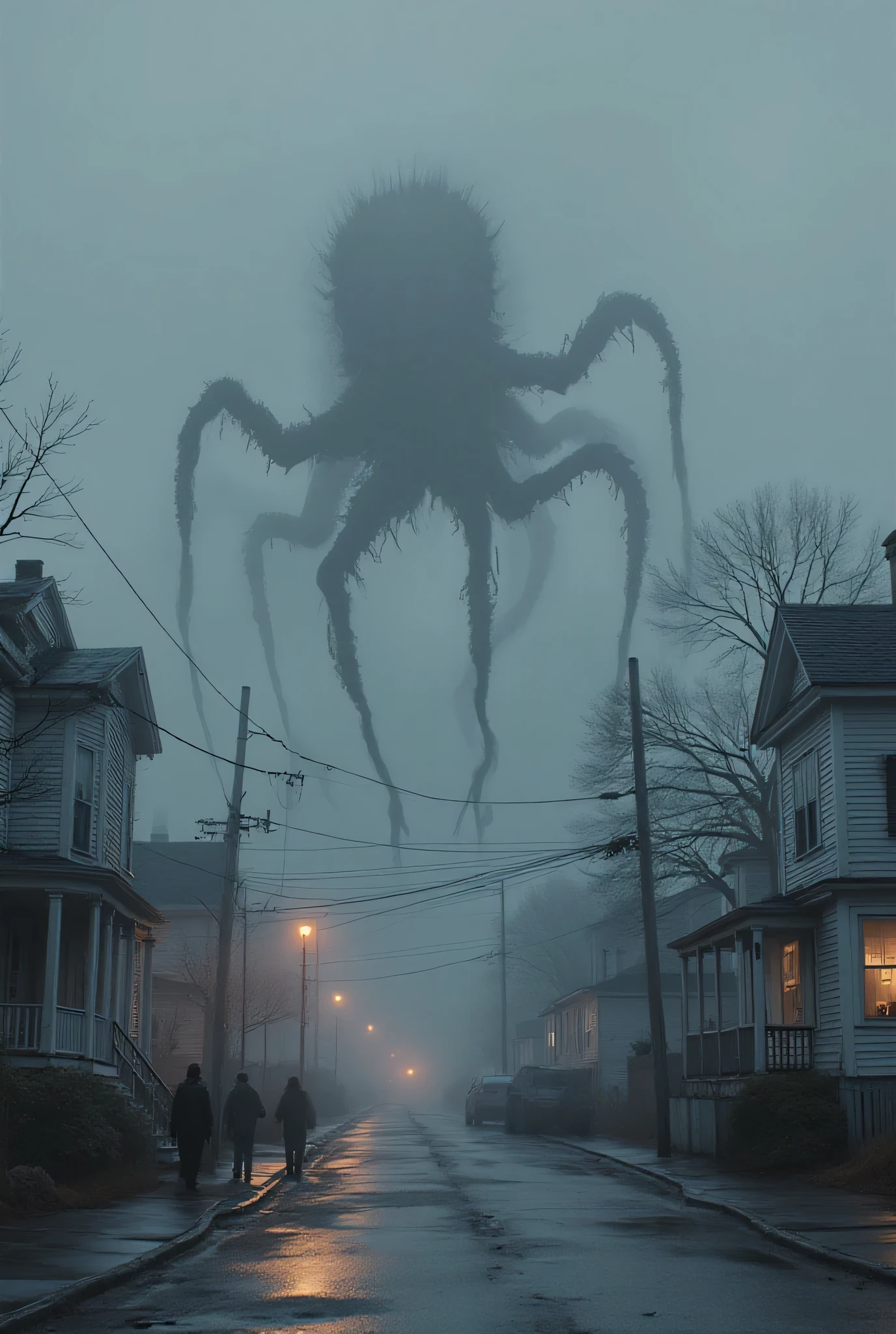 A small New England coastal town at twilight being consumed by an encroaching fog that contains shadowy, elongated figures with too many limbs. Reality itself seems to be unraveling at the edges, buildings twisting and melting where the fog touches them. Residents with blank expressions stand motionless as their shadows perform impossible contortions behind them. Photorealistic cinematic style with desaturated colors except for occasional unnatural hues, deep shadows, wet surfaces reflecting limited light