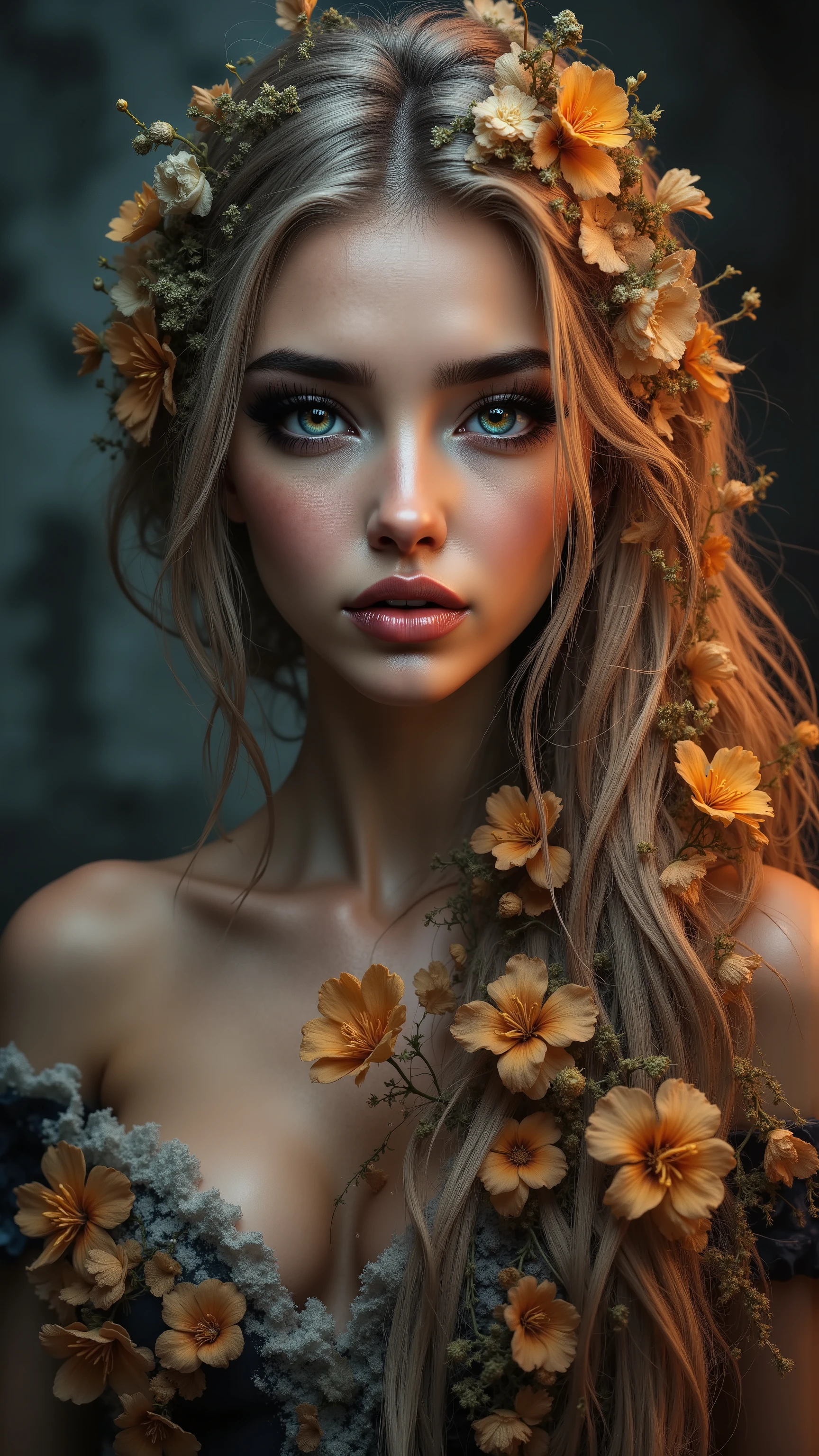 Ultra-realistic (photorealistic Realism) , "UHD, Hyper high resolution" - "(Hyper quality, intricately ultra-detailed digital art)" (Key Directive: - ("The priority is the anatomical accuracy and texture of the materials" - "Ultra-sharp human eyes with biological accuracy") (realistic texture details: velvety skin, hair), long Lashes: individual synthetic fibers (crosshatched roots:1 . 2 , clump-free separation), { "Eyes:(acid-resistant terminology) (macro-details:1.5): * Moist corneal surface (visible aqueous layer:1.2) * Hyper-detailed iris eyes (green) * Precise limbal ring (slightly darker pigmentation:1.3) * Pupil micro-texture (irregular edge authenticity:0.9) * Vasculature in sclera (subtle blue veins radiating from limbus)" } (Avoid: "pupil distortion , uncanny valley asymmetry , plastic-like wetness"),detailed portrait of a princess wearing a luxurious fur robe over a royal dress, she has a warm smile on her face, lush waterfall in the background, colorful flowers surrounding her, highly detailed, 8k, photorealistic, realistic lighting, professional digital art, dramatic fantasy style, oil painting, vibrant colors, intricate details, h4nd