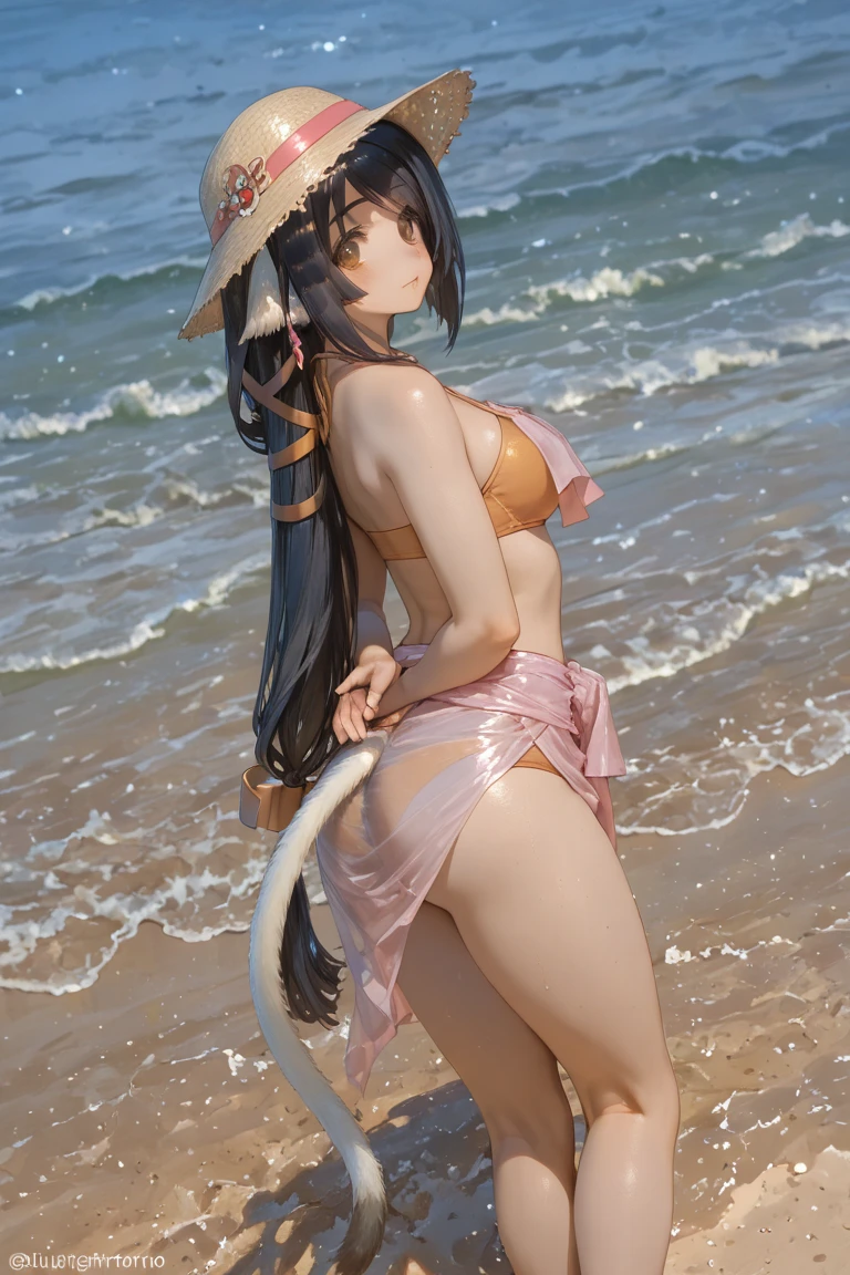 Demon woman with gray skin, long hair black, ??? horns big boos and ??? ???? in a beach showing her feets al camera 