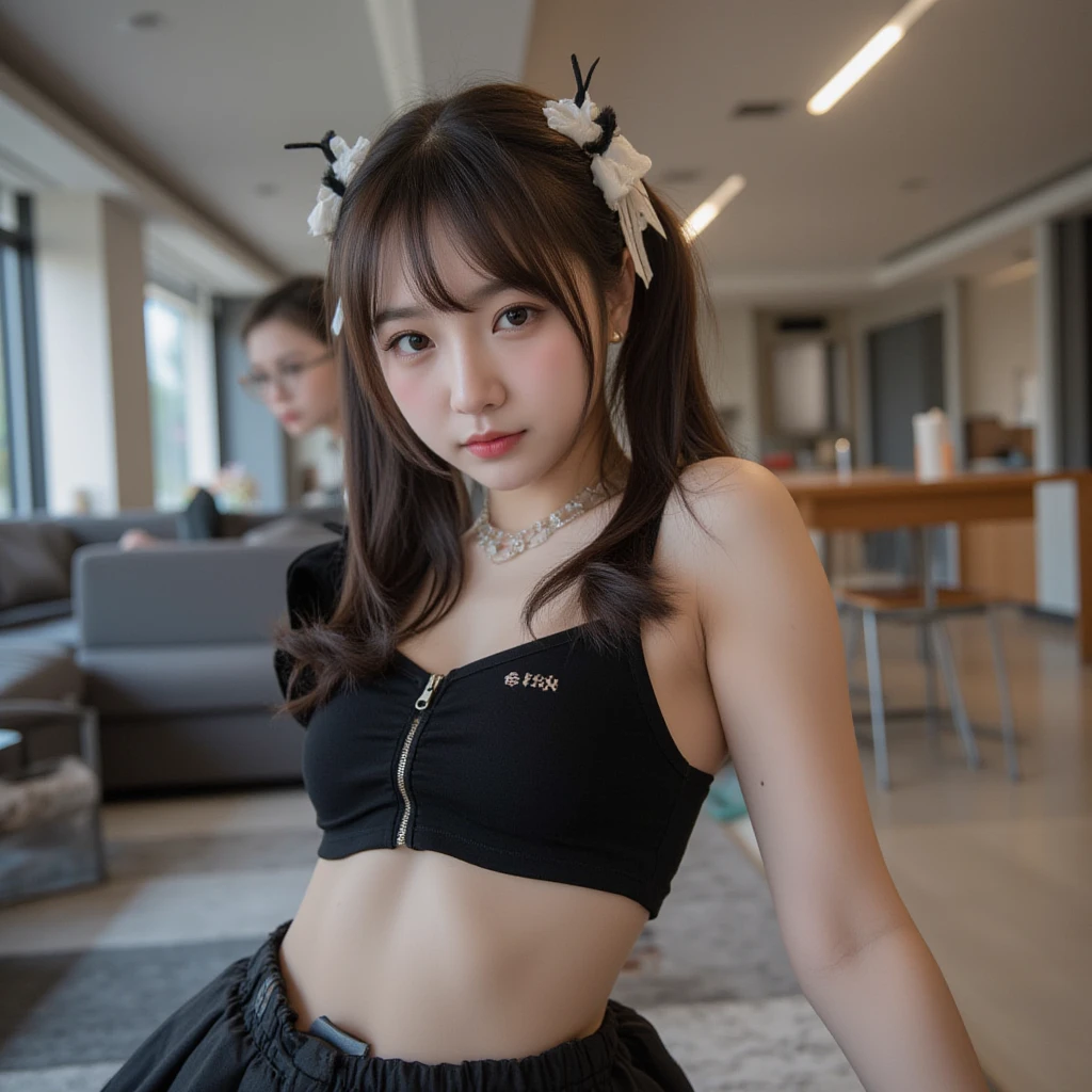 there is a woman taking a selfie in a bathroom mirror, anime girl in real life, she is wearing a black tank top, xision wu, girl with cat ears, 18 years old, cruel korean goth girl, anime vibes, with black pigtails, attractive cat girl, anime girl cosplay, 21 years old, with bunny ears , blackpink jennie , blackpink Lisa , asian famale face , cute girl , Korean famale