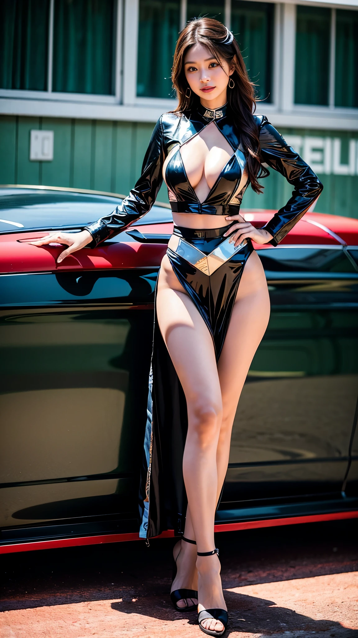 A beautiful Japanese woman, 20 years old, perfect anatomy, healthy thighs, beautiful legs, beautiful skin, random hair color, random hairstyle, large breasts, race queen, (race queen costume:1.3), (she is standing:1.2), zent, full body shot, high heels, racing circuit, (best quality,4k,8k, highres, masterpiece:1.3), (extremely detailed:1.2), photorealistic, cinematic lighting, HDR, professional photography, vivid colors, zydAFP