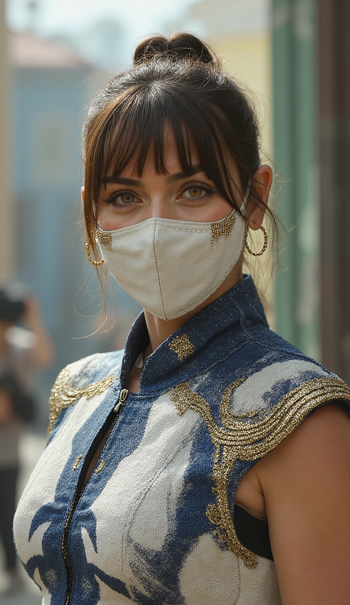 close up Ana de Armas like a froste from Mortal Kombat with a white and blue ninja suit and a white iron mask with golden details burnt mask covers only her mouth, In the background in 8k colored wooden houses; People taking pictures; carros alugados; lago iluminado; bancos vibrantes; black marble pilasters with shiny gold.