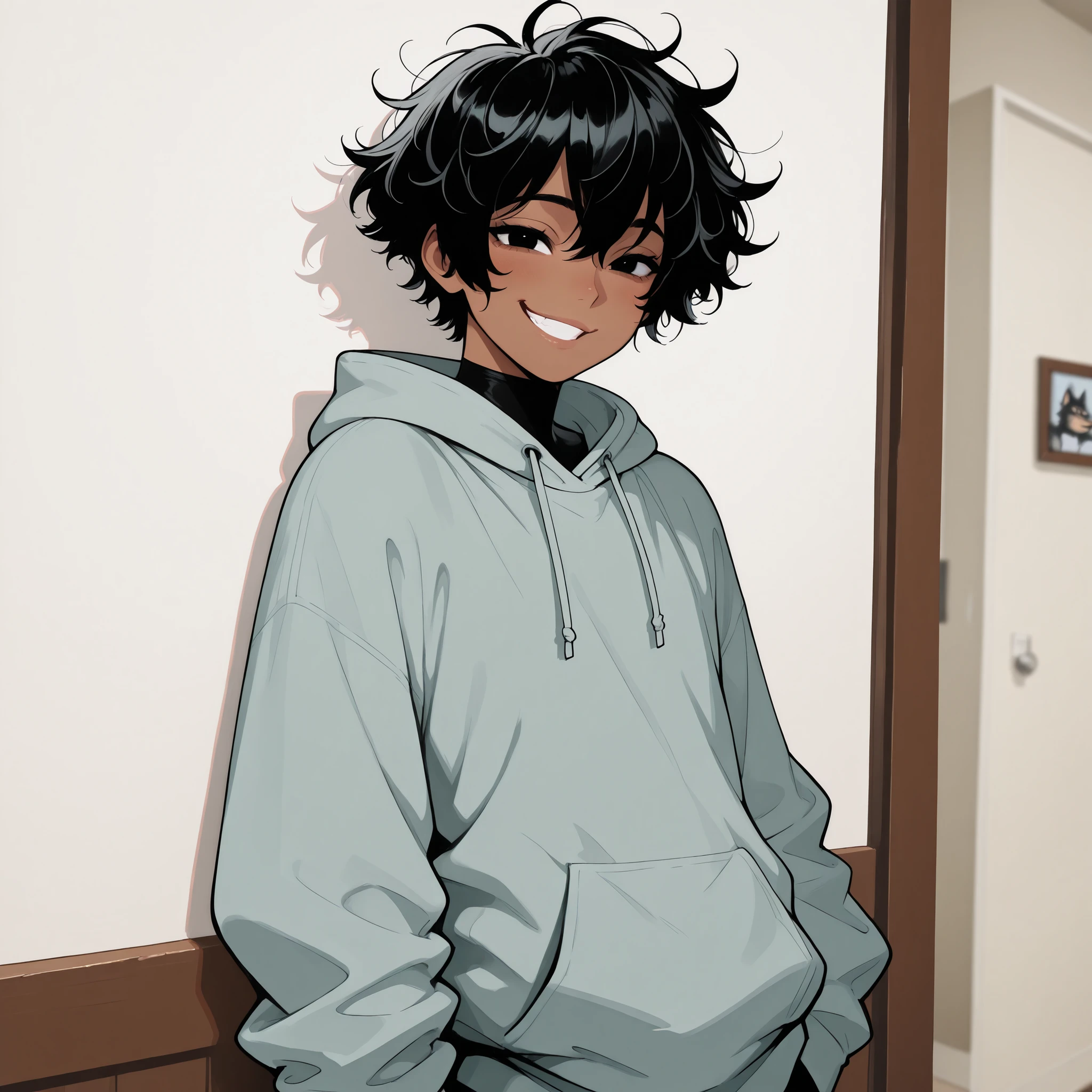 1boy , femboy , Tan skin , messy hair , black hair , black eyes , grey green hoodie , Big hoodie , cheeky expression , delicate features, black neck height sweater, (wolfcut) , looking at Viewer, Bedroom background , leaning against the wall, cute, playful grin, cheeky smirk,