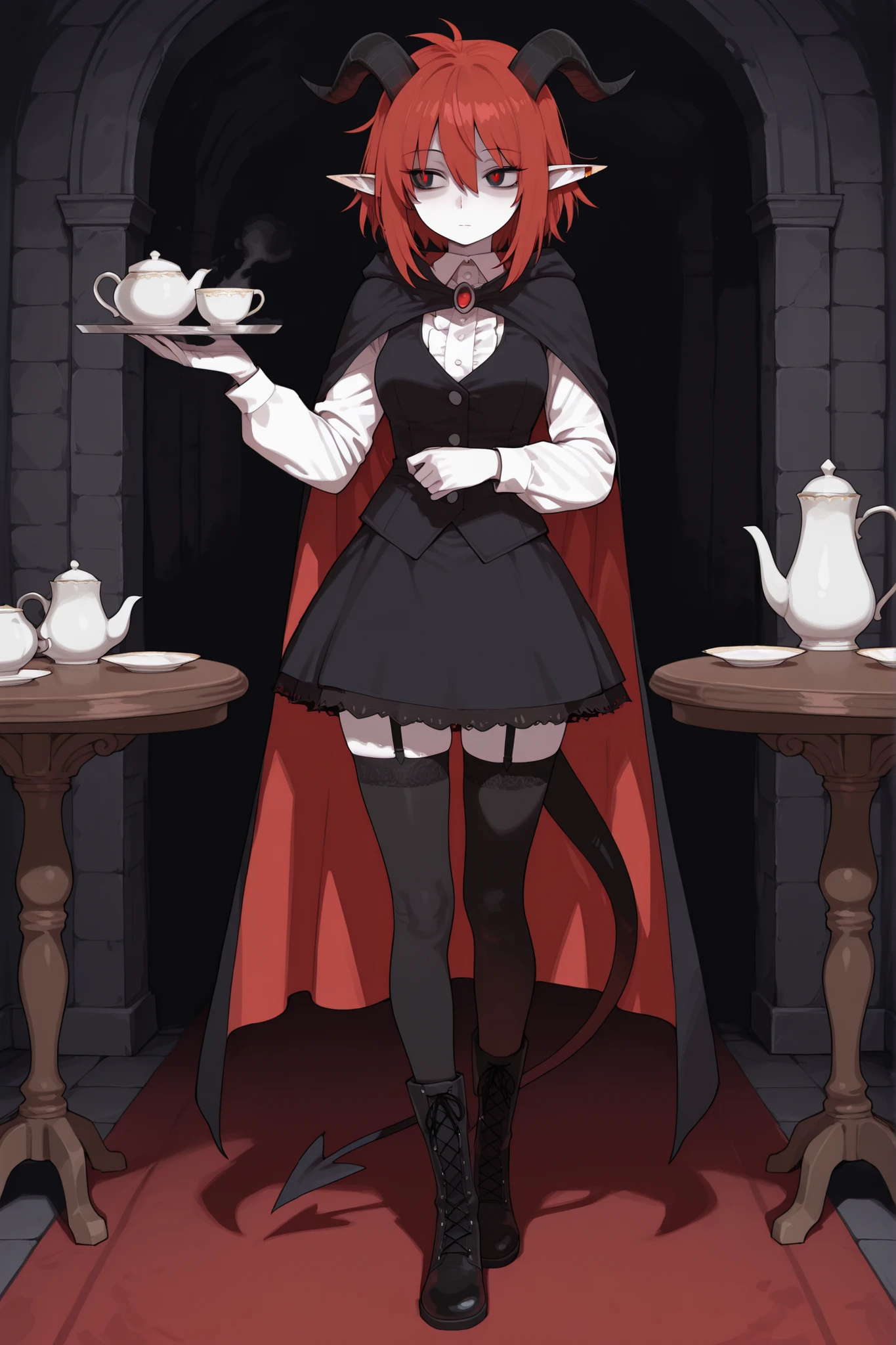 hentamonn,DSP, artist:DSP, mogeko,,masterpiece , best quality , amazing quality , very aesthetic, white skin, pale skin, tall girl, adult, rounded elf ear, red eye, drooping eyes, cold look, white pupil, feline pupil, short hair, slightly messy hair, maroon hair, straight hair, bangs, sharp canines, demon tail, black horns, expressionless face, white ruffled blouse, vest, black skirt, stockings, high boots, cape, serving tea to her mistress, table, chairs, furniture, eyelet and lace-up closure detail, full body shot, background, inside mansion,
