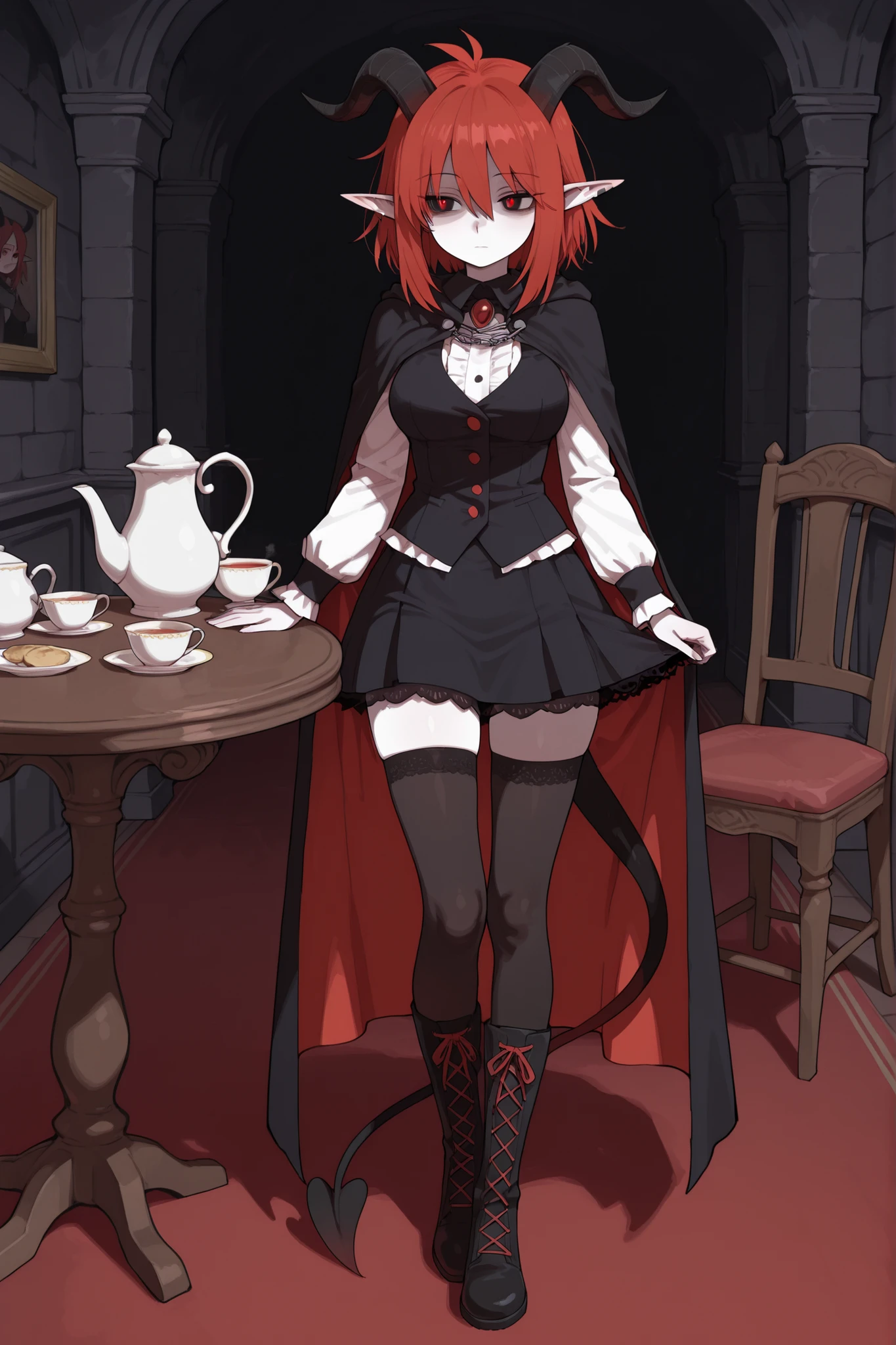 hentamonn,DSP, artist:DSP, mogeko,,masterpiece , best quality , amazing quality , very aesthetic, white skin, pale skin, tall girl, adult, rounded elf ear, red eye, drooping eyes, cold look, white pupil, feline pupil, short hair, slightly messy hair, maroon hair, straight hair, bangs, sharp canines, demon tail, black horns, expressionless face, white ruffled blouse, vest, black skirt, stockings, high boots, cape, serving tea to her mistress, table, chairs, furniture, eyelet and lace-up closure detail, full body shot, background, inside mansion,