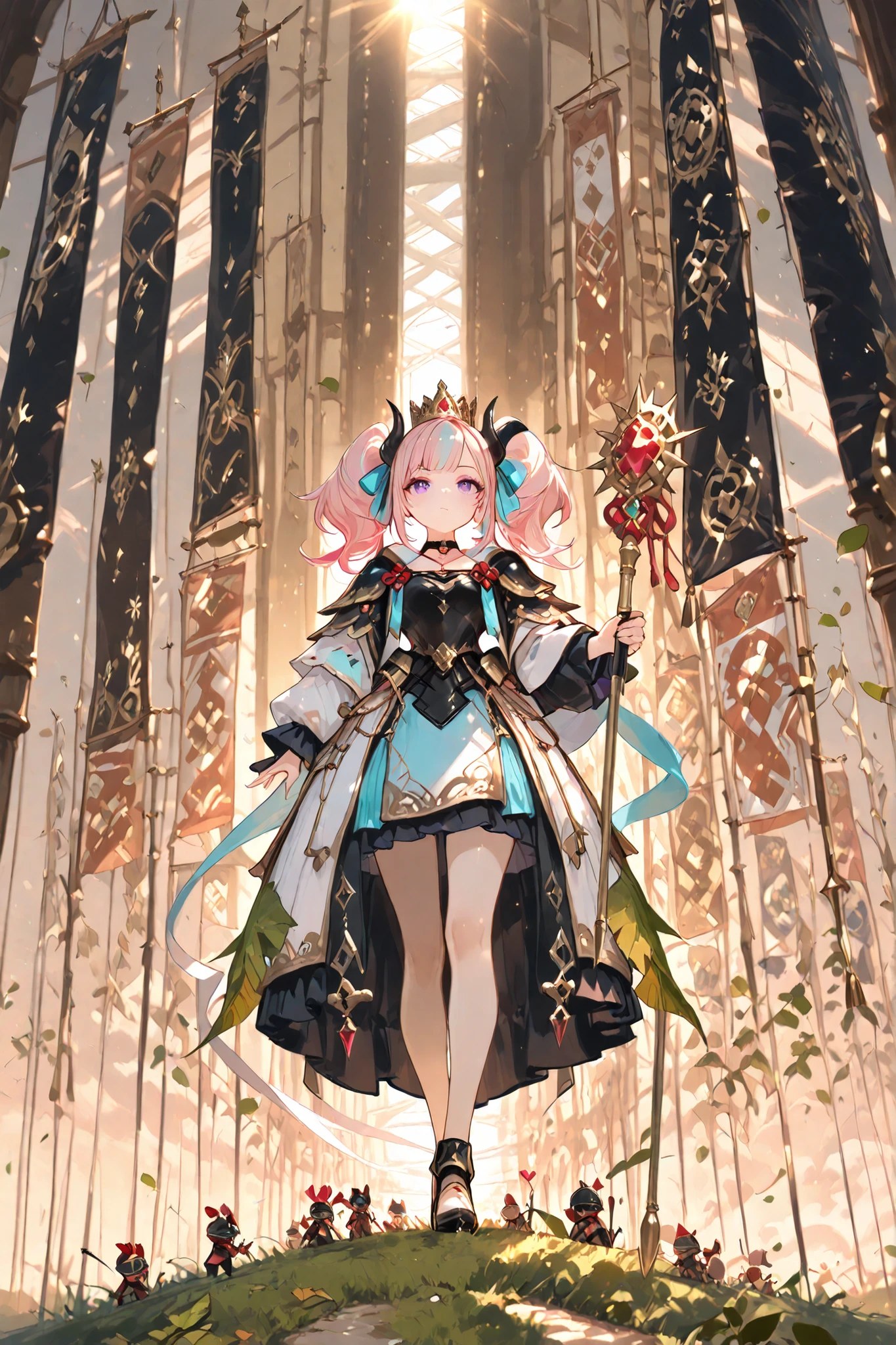 (masterpiece, best quality, ultra-detailed, 8k, cinematic low-angle lighting),
appears 18+,
1girl, queen, surrounded by 4-6 small-statured chibi ant warriors,
((purple eyes)), ((two-tone hair, pink hair, light blue)), twin tails styled into regal buns with flowing ribbons, (black horn hidden under crown optional), (heart charm choker),
queen standing on raised earthen mound,leaf throne, ornate chitin crown, leaf-cape, scepter with honeycomb motif, elegant armored thorax plating with filigree, skirt-like leaf drapery, confident regal pose, slight forward lean, three-quarter low-angle view to emphasize authority,
attendants in tiny segmented armor, kneeling, standing in formation, holding miniature spears and banners, small crowns, helmets, varied cute faces and poses, clear size contrast between queen and attendants,
giant blades of grass and dew drops frame scene, sun shafts filtering through foliage, golden backlight + cool rim, shallow DOF with painterly microdetail on chitin, fabric and hair, floating dust motes, warm adventure tone, dynamic diagonal composition