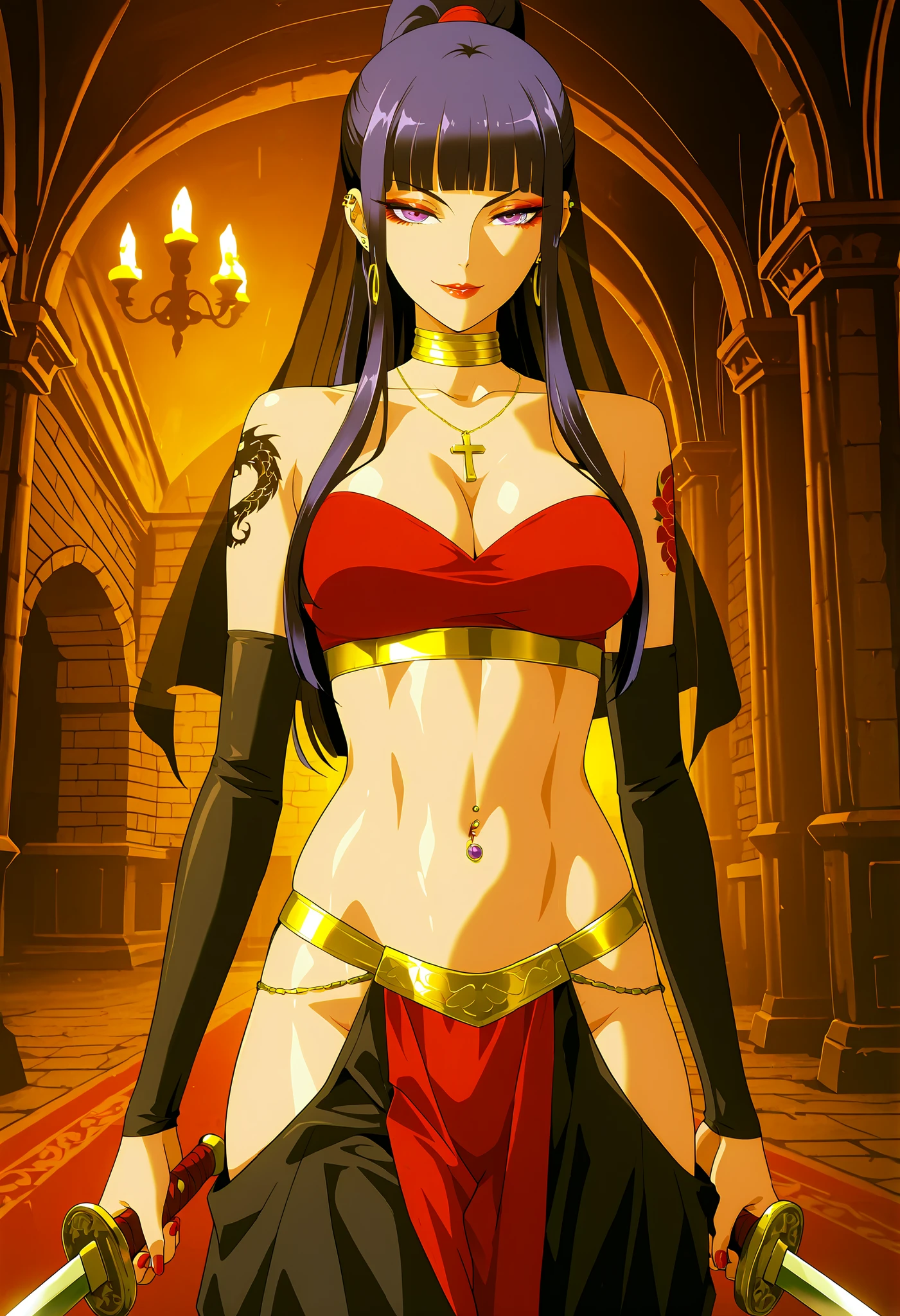 1girl,mature female, sakatoku mai, purple eyes, long hair, black hair, blunt bangs, ponytail, sidelocks, makeup, eyeshadow, lipstick, nail polish, ear piercing, long hair, , lipstick, Hot girl, baddie, smoking, sensual, attractive ,choker, ,cross necklace,, neck ring, harem pants, elbow gloves, midriff, earrings, hip vent, baggy pants,,
castle,inside castle, masterpiece, best quality, highly detailed ,gold_choker, complex detailed
background, inside, holding a sword, sword,harem_outfit,navel, necklace,
pelvic_curtain,revealing_clothes, veil, masterpiece,best quality,mature,evil
smile ,necklace,pendant, (nsfw) not safe for work, exposed belly, exposed navel, midriff,
exposed lower belly, ,cleavage, navel piercing, european architecture, palace , medium Breasts, dragon tattoo on waist, narrowed eyes, tattoo on waist,, anipai_style , anime screencap , anime coloring,,v-shape eyebrows
