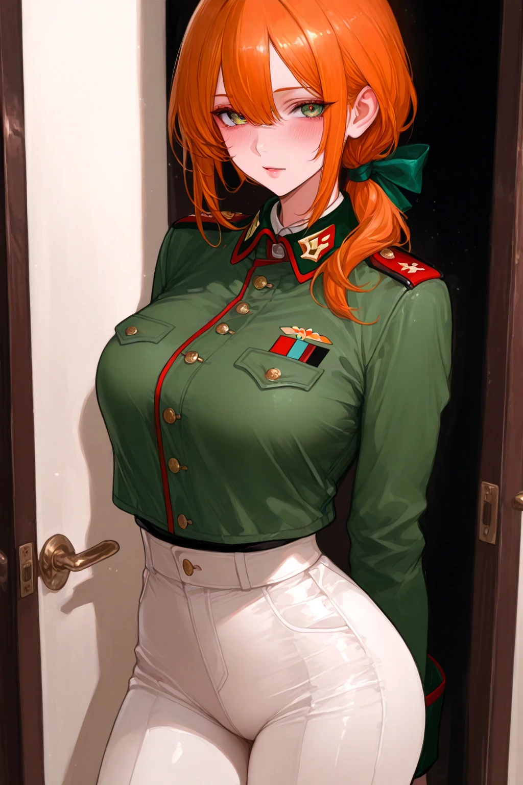 score_9, score_8_up,score_7_up, score_6_up,source_anime, BREAK yom style, by yomu, Soviet Military uniform, Soviet garrison cap, belt, blond, braided hair, clothes are unbuttoned, breast, nipples, salute, look at the viewer, musk clouds, smug, open mouth, green eyes, green garter straps, green stockings, pussy, window, tree, pussy juice, naughty face