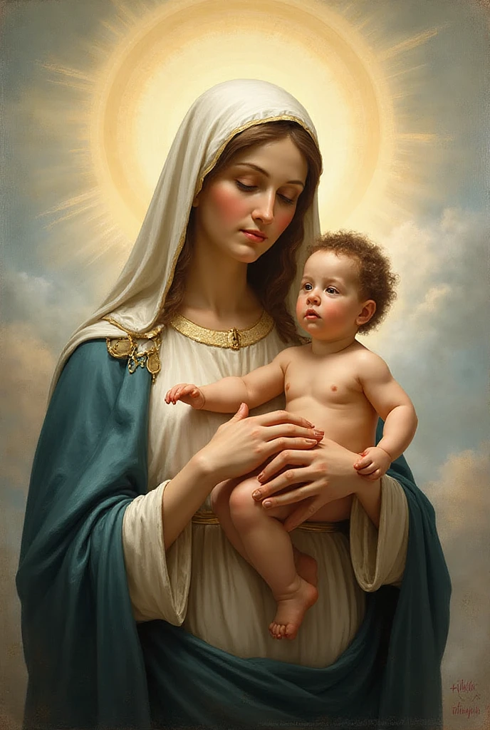 (((Blessed Virgin Mary and the baby Jesus. 19 years old))) ((( Con una cara seria y piadosa. Con una mirada dulce y tierna))) (obra maestra, calidad superior, mejor calidad, arte oficial, beautiful and aesthetic: 1.2), (1girl), extremadamente detallado, (Arte fractal: 1.3), colorido, highest detailed, Cara perfecta, parte superior del cuerpo, HDR, (orando: 1.3), (golden lines of white coat: 1.2), galaxia, (rayas de luz), eye-catching visuals, (dynamic stripes, senderos luminosos: 1.2), colores vibrantes,