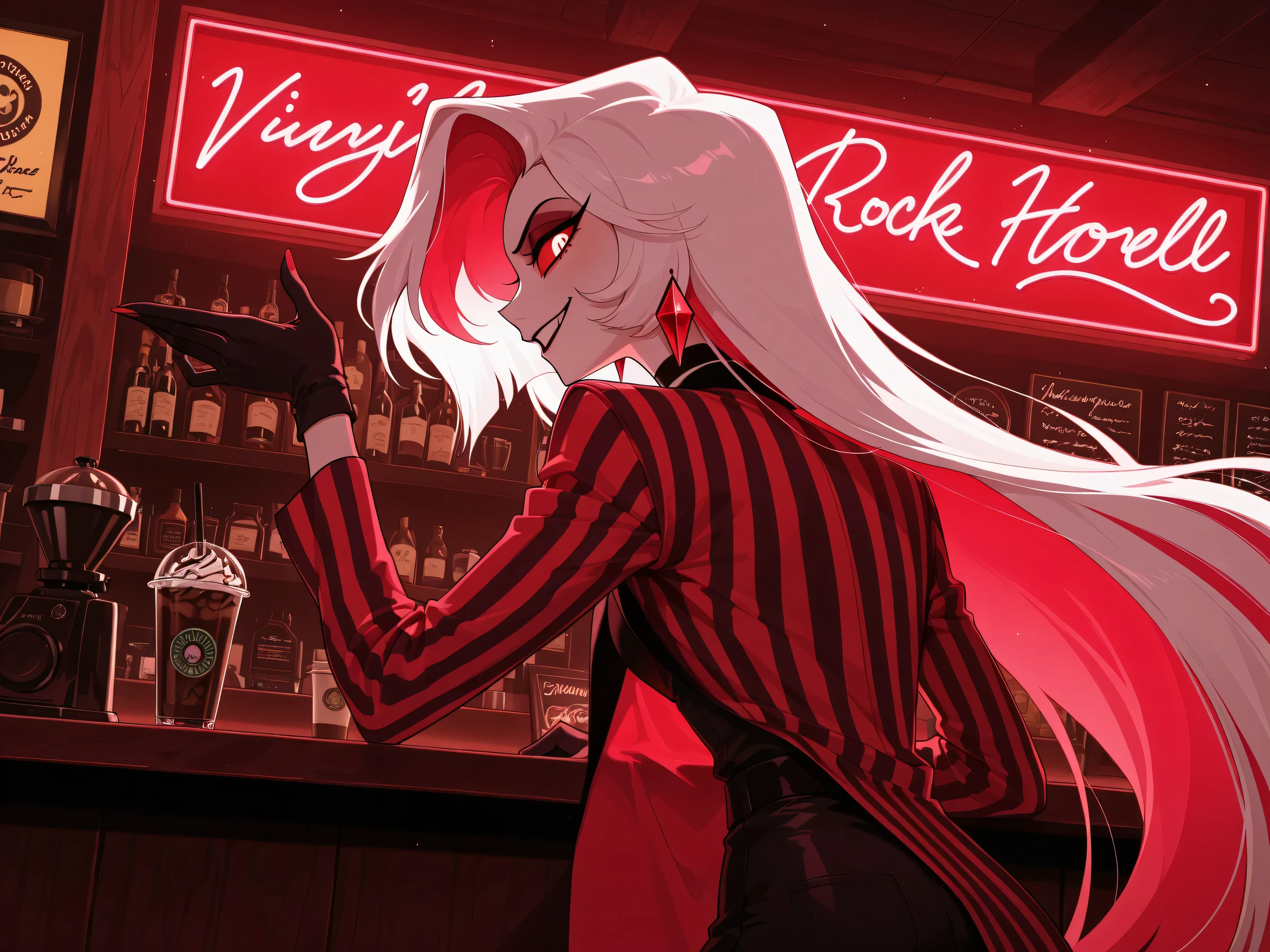 Profile picture of a face, 1 girl, alone, Hazbin Hotel, red colors, in a coffee shop, thumbnail style, neon lights, striking pose, designer clothes, elaborate jewelry, mischievous smile, winking, long white hair with vibrant highlights, expressive eyes, punk rock aesthetic, dynamic composition, fun and confident aura, 4k, ultra detailed, flawless.
