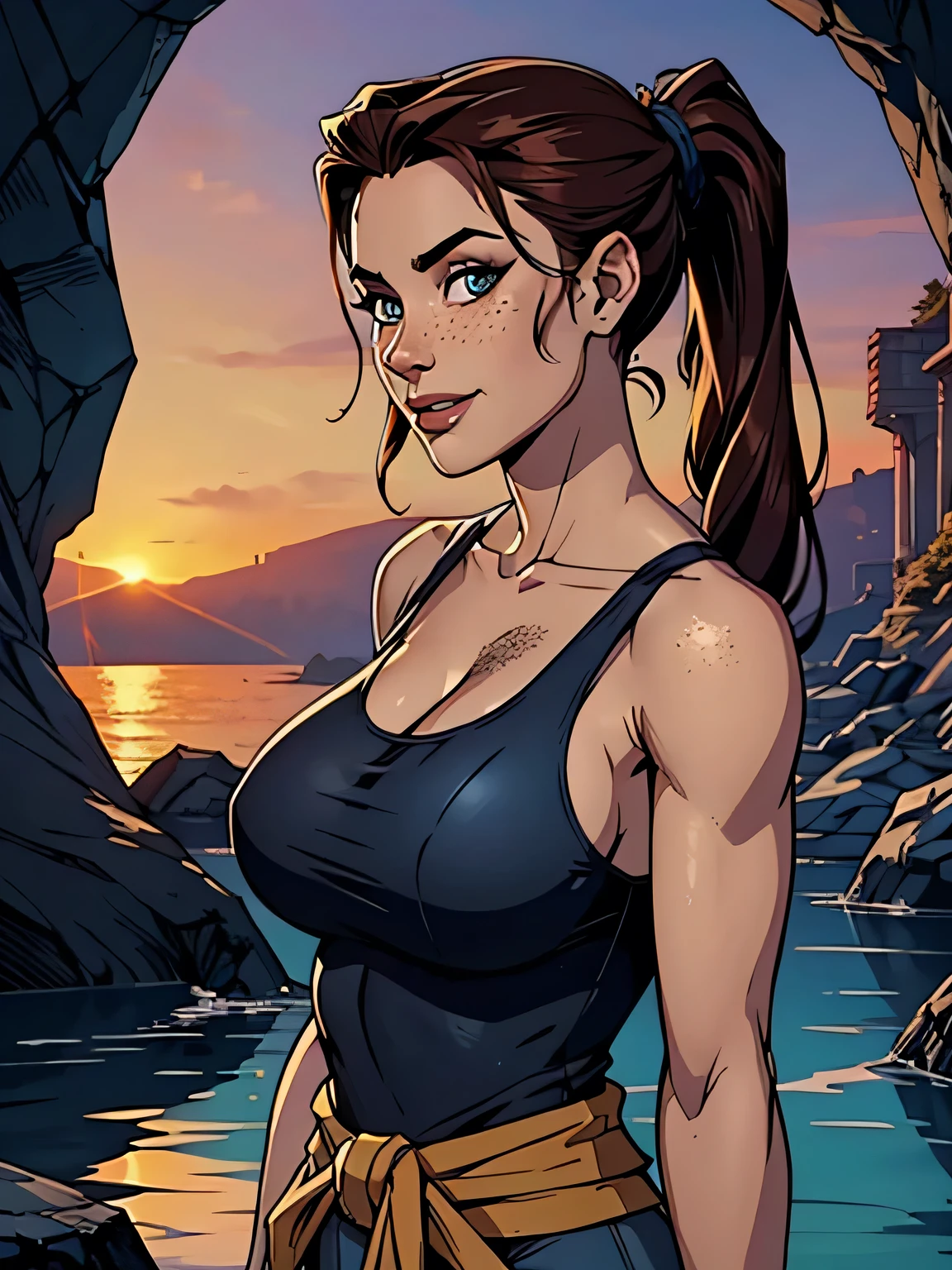 Melhor qualidade, obra de arte, (realista: 1.2) Close up of a thin and athletic woman (Lara Croft), 25 anos, 16k (( high definition )), sorriso lindo, olhar sedutor ((looking at the viewer)), olhos castanhos, wearing a fitted petrol blue tank top (( decote em V, sem mangas )), cintura fina, She wears a brown belt, arms at the sides of the body, pele morena, cabelo castanho (( with a braided ponytail )), She's alone in a cave (( upper body, From head to waist , side view 1 .4)), with freckles on the neck and breasts , (( large, round breasts 1.4)), (( Well defined collarbone)). estilo cartoon (( QG )), cave and sunset in the background.