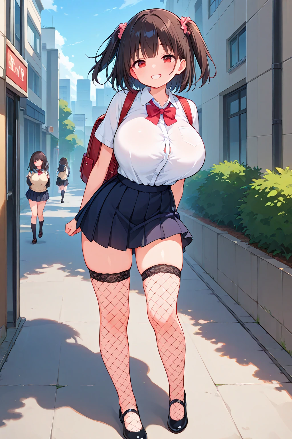 masterpiece, Highest quality, Nico_Yazawa,High resolution, 1 Girl, alone, Brown Hair, short hair, Twin tails、Purple eyes, Cowboy Shot,, (Cleavage)、(Beautiful thighs)、city, Outdoor, garden, Carrying a red backpack, (randoseru backpack:1.2) Sweaty、Thick thighs、Highest quality、4K、1girl, 8years old, loli, cute, grin, 、Skirt lift striped underwear、In the city、Lots of spectators、、Thick thighs、Crying face、Men holding their  and surrounding girls、Semen from the penis、Bukkake、Bukkake、（Bukkake）