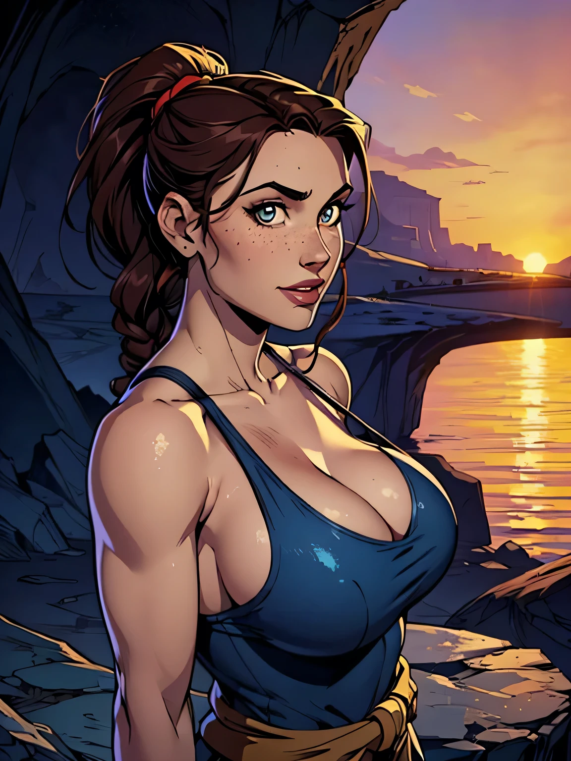 Melhor qualidade, obra de arte, (realista: 1.2) Close up of a thin and athletic woman (Lara Croft), 25 anos, 16k (( high definition )), sorriso lindo, olhar sedutor ((looking at the viewer)), olhos castanhos, wearing a fitted petrol blue regatta (( decote em V, sem mangas )), cintura fina, She wears a brown belt, arms at the sides of the body, pele morena, cabelo castanho (( with a braided ponytail )), She's alone in a cave (( upper body, From head to waist , side view 1 .4)), with freckles on the neck and breasts , (( large, round breasts 1.4)), (( Well defined collarbone)). estilo cartoon (( QG )), cave and sunset in the background.