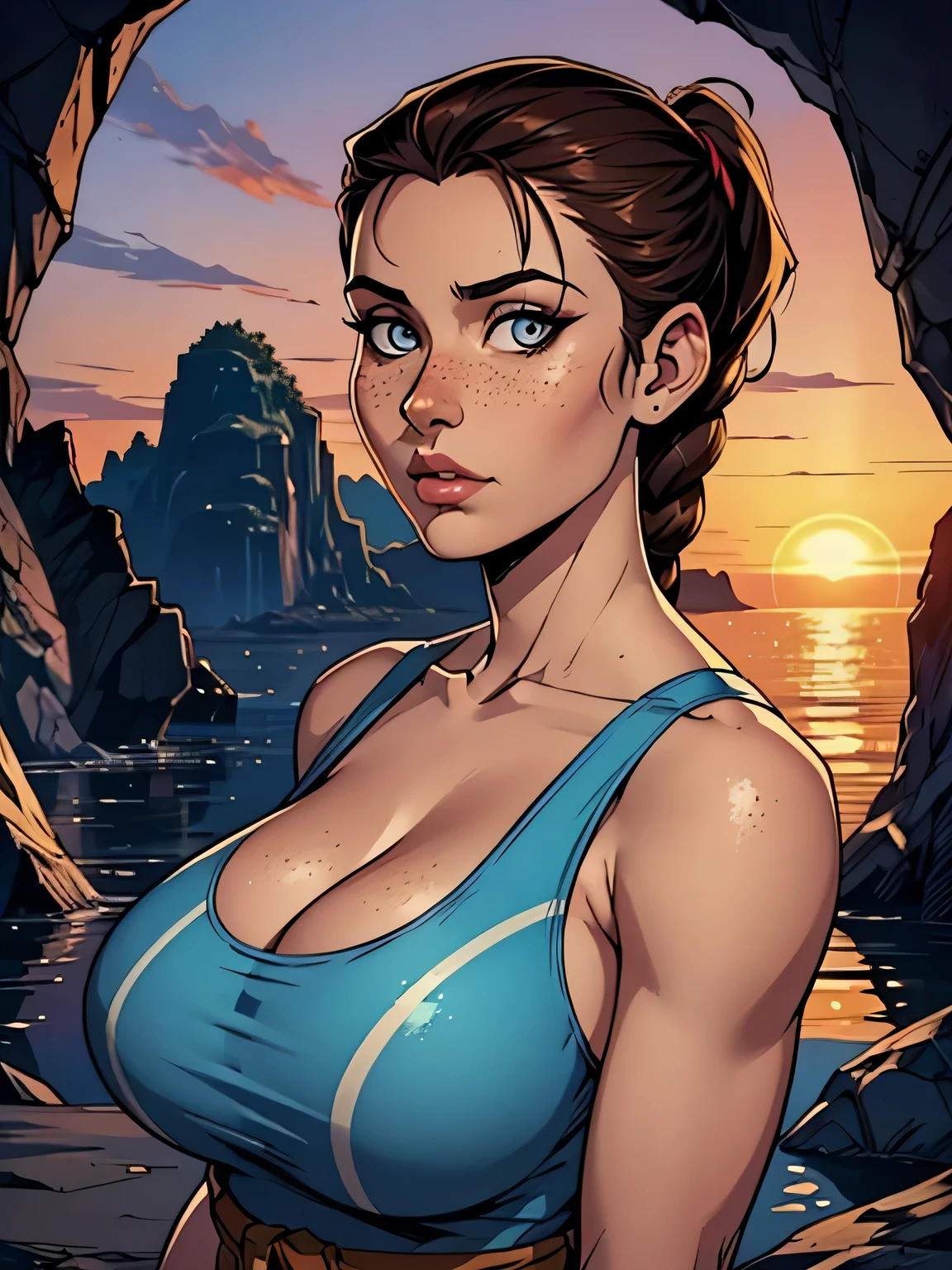 Melhor qualidade, obra de arte, (realista: 1.2) Close up of a thin and athletic woman (Lara Croft), 25 anos, 16k (( high definition )), semblante pensativo, olhar sedutor ((looking at the viewer)), olhos castanhos, wearing a fitted petrol blue regatta (( decote em V, sem mangas )), cintura fina, She wears a brown belt, arms at the sides of the body, pele morena, cabelo castanho (( with a braided ponytail )), She's alone in a cave (( upper body, From head to waist , side view 1 .4)), with freckles on the neck and breasts , (( large, round breasts 1.4)), (( Well defined collarbone)). estilo cartoon (( QG )), cave and sunset in the background.