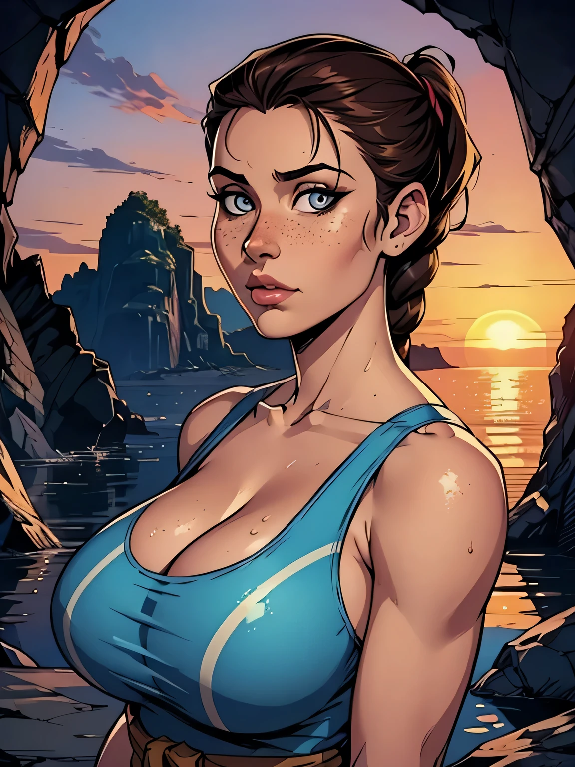 Melhor qualidade, obra de arte, (realista: 1.2) Close up of a thin and athletic woman (Lara Croft), 25 anos, 16k (( high definition )), semblante pensativo, olhar sedutor ((looking at the viewer)), olhos castanhos, wearing a fitted petrol blue regatta (( decote em V, sem mangas )), cintura fina, She wears a brown belt, arms at the sides of the body, pele morena, cabelo castanho (( with a braided ponytail )), She's alone in a cave (( upper body, From head to waist , side view 1 .4)), with freckles on the neck and breasts , (( large round sweaty breasts 1.4)), (( Well defined collarbone)). estilo cartoon (( QG )), cave and sunset in the background.