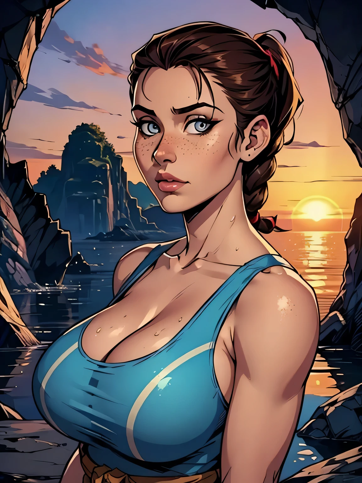 Melhor qualidade, obra de arte, (realista: 1.2) Close up of a thin and athletic woman (Lara Croft), 25 anos, 16k (( high definition )), semblante pensativo, olhar sedutor ((looking at the viewer)), olhos castanhos, wearing a fitted petrol blue regatta (( decote em V, sem mangas )), cintura fina, She wears a brown belt, arms at the sides of the body, pele morena, cabelo castanho (( with a braided ponytail )), She's alone in a cave (( upper body, From head to waist , side view 1 .4)), with freckles on the neck and breasts , (( large round sweaty breasts 1.4)), (( Well defined collarbone)). estilo cartoon (( QG )), cave and sunset in the background.