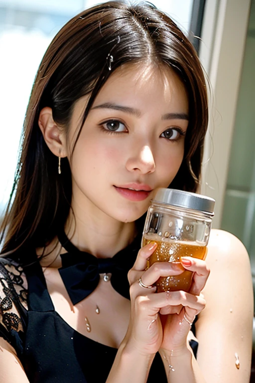 ((Highest quality, 8K, masterpiece :1.3)), Sharp focus :1.2, Beautiful woman with perfect figure :1.4, Slim Abs :1.2, ((, Emphasize :1.3)), (Photorealistic:1.4), (realistic:1.4), Highly detailed face and skin texture, Fine grain, double eyelid. Makeup face. A little bit of lipstick, necklace, Earrings, appeal, gravure pose, ((A beautiful blonde woman in a blue dress、She is smiling and posing while drinking iced coffee on a cafe terrace.。:1.3)