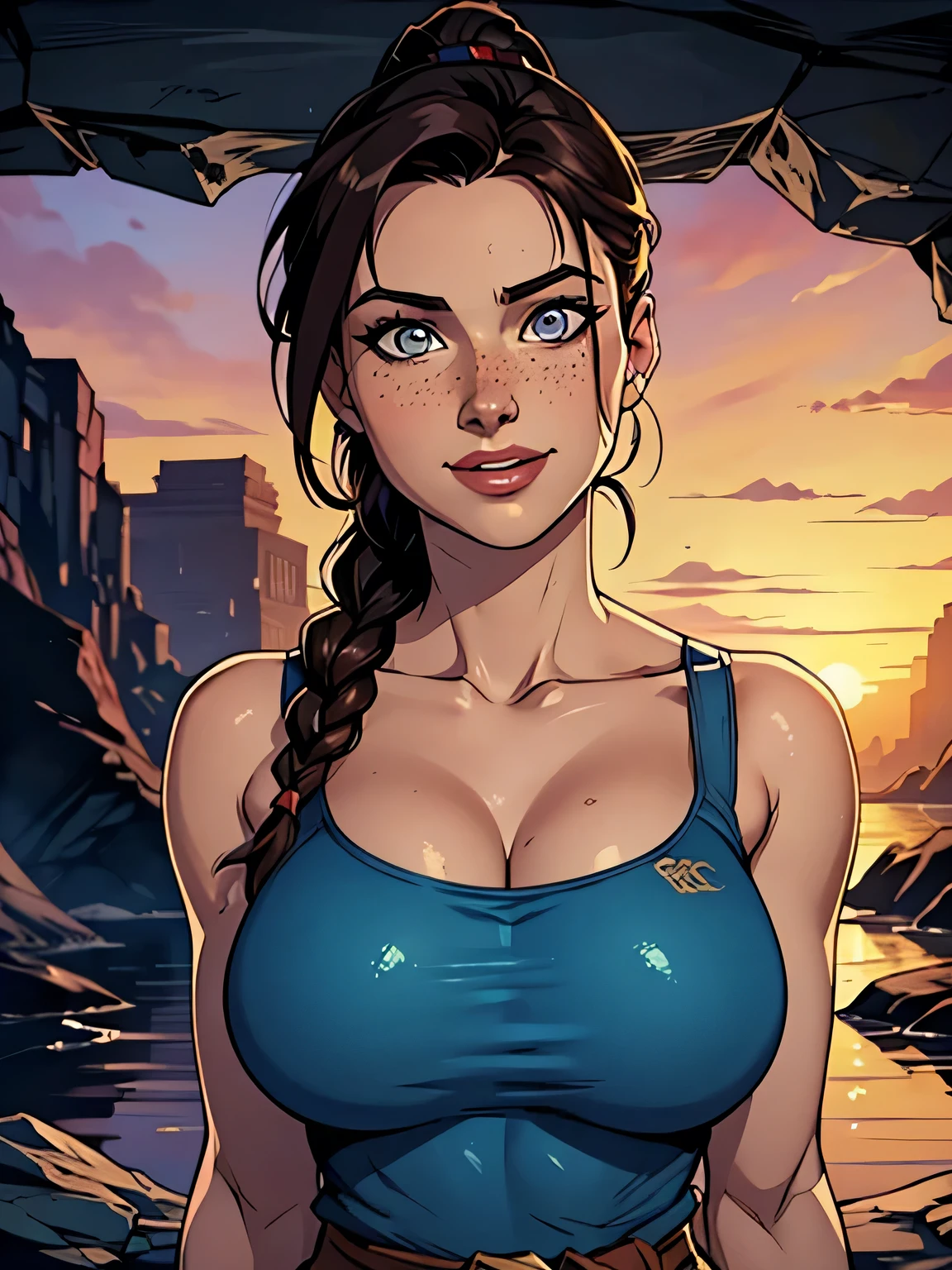 Melhor qualidade, obra de arte, (realista: 1.2) Close up of a thin and athletic woman (Lara Croft), 25 anos, 16k (( high definition )), sorriso lindo, olhar sedutor ((looking at the viewer)), olhos castanhos, wearing a fitted petrol blue regatta (( decote em V, sem mangas )), cintura fina, She wears a brown belt, arms at the sides of the body, pele morena, cabelo castanho (( with a braided ponytail )), She's alone in a cave (( upper body, From head to waist , vista lateral 1.4)), with freckles on the neck and breasts , (( large, round breasts 1.4)), (( Well defined collarbone)). estilo cartoon (( QG )), cave and sunset in the background.