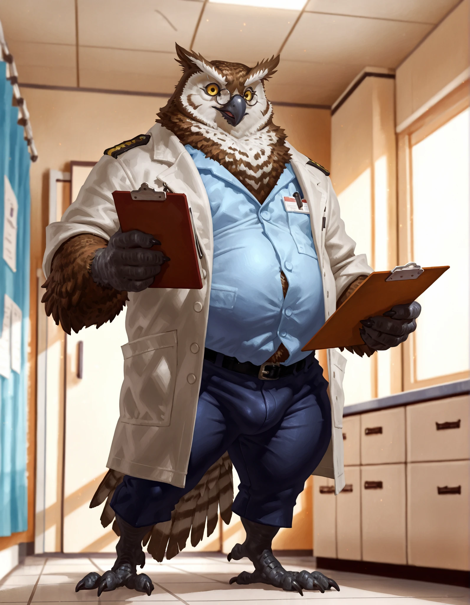 by Anhes, by Taran Fiddler, by TOTO(inax), Great Horned Owl, solo, male, owl, avian, gay, elderly male mature male, black beak, fat, chubby, greying facial feathers, yellow amber eyes, happy, round glasses, feather eyebrows, fluffy feathers, black talons, wide hips, thick thighs, white doctors coat, blue button-up shirt, grey slacks, doctors office, inside, examination room, bulge, standing in doctors office, holding clipboard, asymmetrical pose, depth of field, asymmetrical background, cinematic, realistic, cinematic, golden hour, dynamic view, forced perspective, glowing sunlight