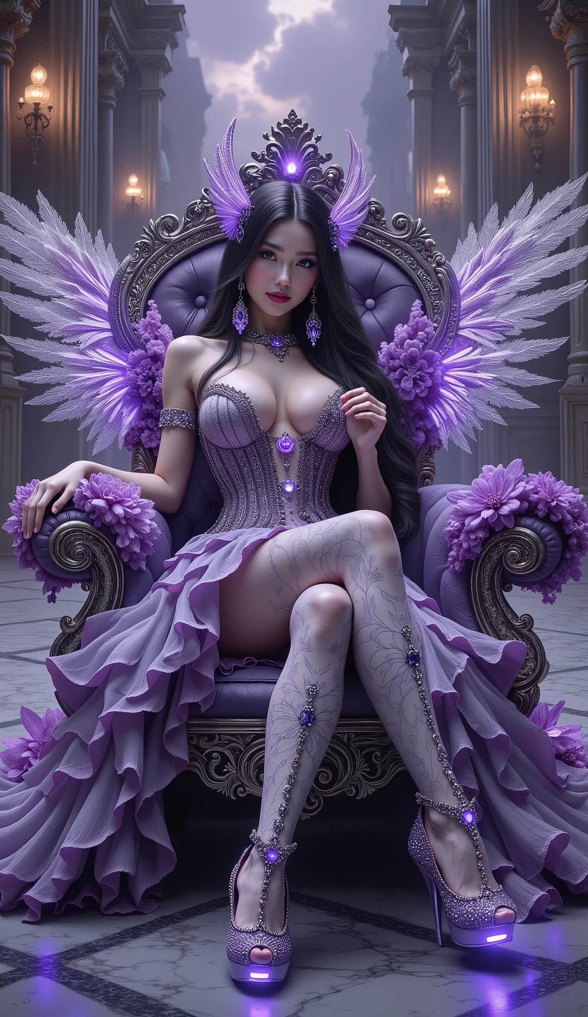 👑 1. Silhouette & Pose
- Seated posture: Upright and graceful, conveying confidence and authority.
- Hand placement: Likely resting on the throne’s armrest or lap, suggesting calm control.
- Body orientation: Facing forward, emphasizing her central and commanding presence.

---

👗 2. Outfit & Textures
- Shimmering purple strapless gown: Made of satin or organza-like fabric with a soft glow, reflecting ambient light.
- Corset bodice: Embellished with intricate embroidery, enhancing her regal silhouette.
- Layered skirt: Flowing and voluminous, adding movement and elegance.
- High-heeled shoes: Decorated with glowing purple gemstones, reinforcing the magical theme.

---

💎 3. Accessories & Ornaments
- Hair jewelry: Crystals or metallic accents, possibly shaped like flowers or royal emblems.
- Earrings & necklace: Coordinated in purple and gold tones, adding luxury and refinement.
- Floral ornaments: Placed around the hair or shoulders, offering a soft, feminine touch.

---

🪽 4. Wings
- Material: Appears feathered and semi-transparent, with a radiant glow.
- Color: Gradient from deep violet to light lavender, creating an ethereal effect.
- Structure: Symmetrical and expansive, evoking a divine or celestial presence.

---

💫 5. Expression & Aura
- Facial expression: Serene and dignified, possibly with a subtle, mysterious smile.
- Makeup: Soft yet dramatic—purple eyeshadow, luminous highlights, plum-colored lips.
- Overall aura: She radiates power, elegance, and mysticism.