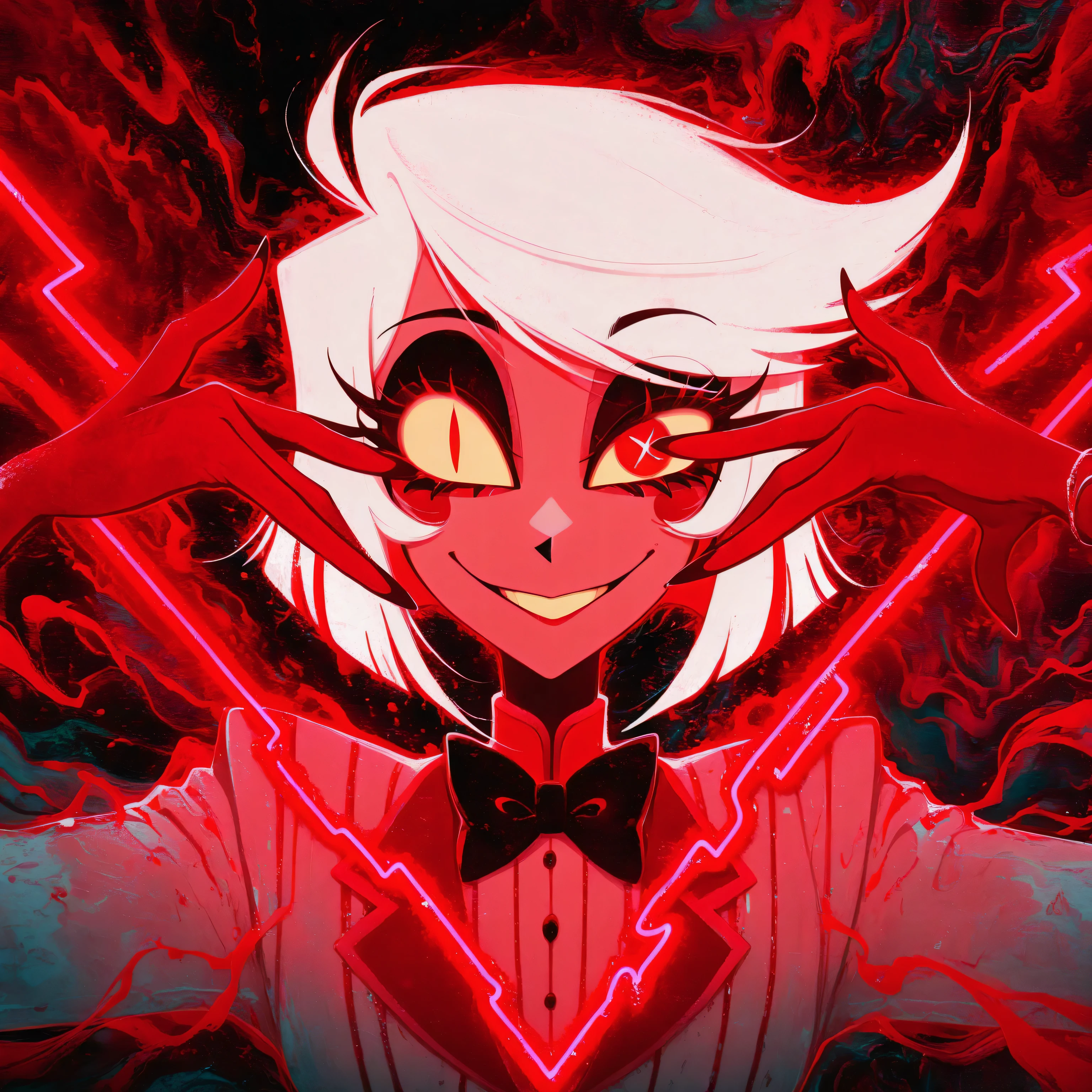 Album cover, 1 girl, alone, Hazbin Hotel, red colors, abstract artistic style, painting, neon lights, striking pose, designer clothes, elaborate jewelry, mischievous smile, winking, long white hair with vibrant highlights, expressive eyes, punk rock aesthetic, dynamic composition, fun and confident aura, 4k, ultra detailed, flawless.
