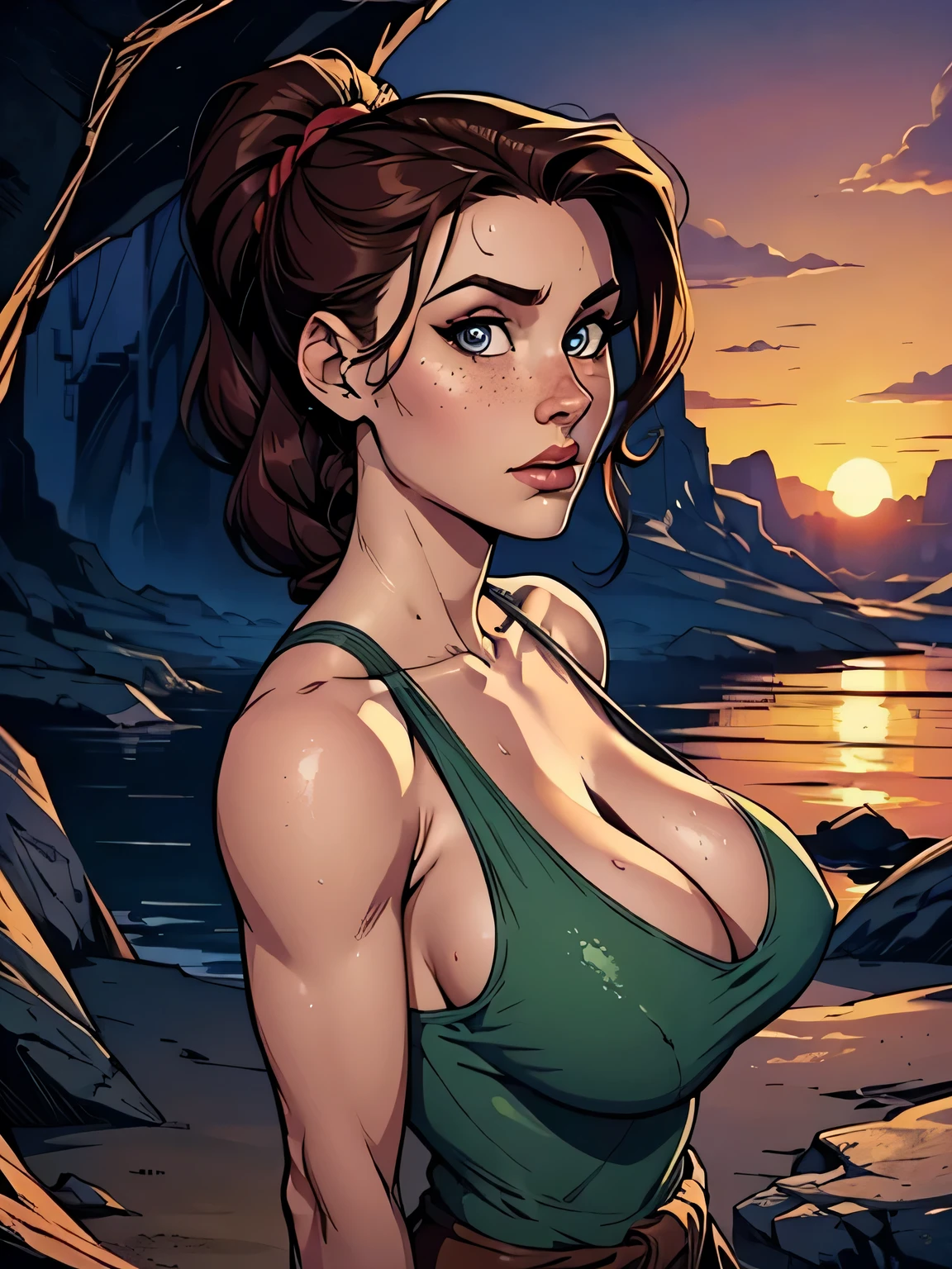 Melhor qualidade, obra de arte, (realista: 1.2) Close up of a thin and athletic woman (Lara Croft), 25 anos, 16k (( high definition )), sighing look, olhar sedutor ((looking at the viewer)), olhos castanhos, wearing a fitted petrol blue regatta (( decote em V, sem mangas )), cintura fina, She wears a brown belt, arms at the sides of the body, pele morena, cabelo castanho (( with a braided ponytail )), She's alone in a cave (( upper body, From head to waist , side view 1 .4)), with freckles on the neck and breasts , (( large round sweaty breasts 1.4)), (( Well defined collarbone)). estilo cartoon (( QG )), cave and sunset in the background.